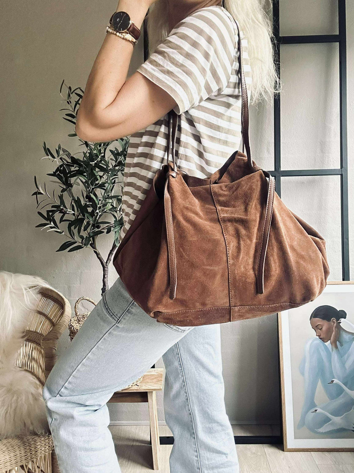 Beau shopper en daim - Cognac
