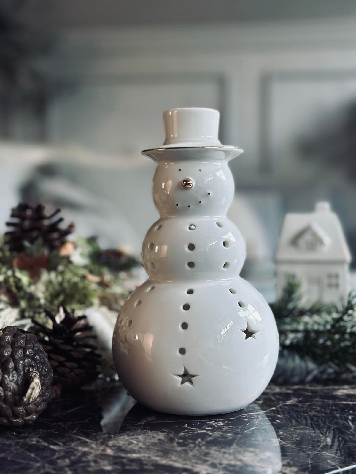 Bonhomme de neige avec éclairage LED - Porcelaine