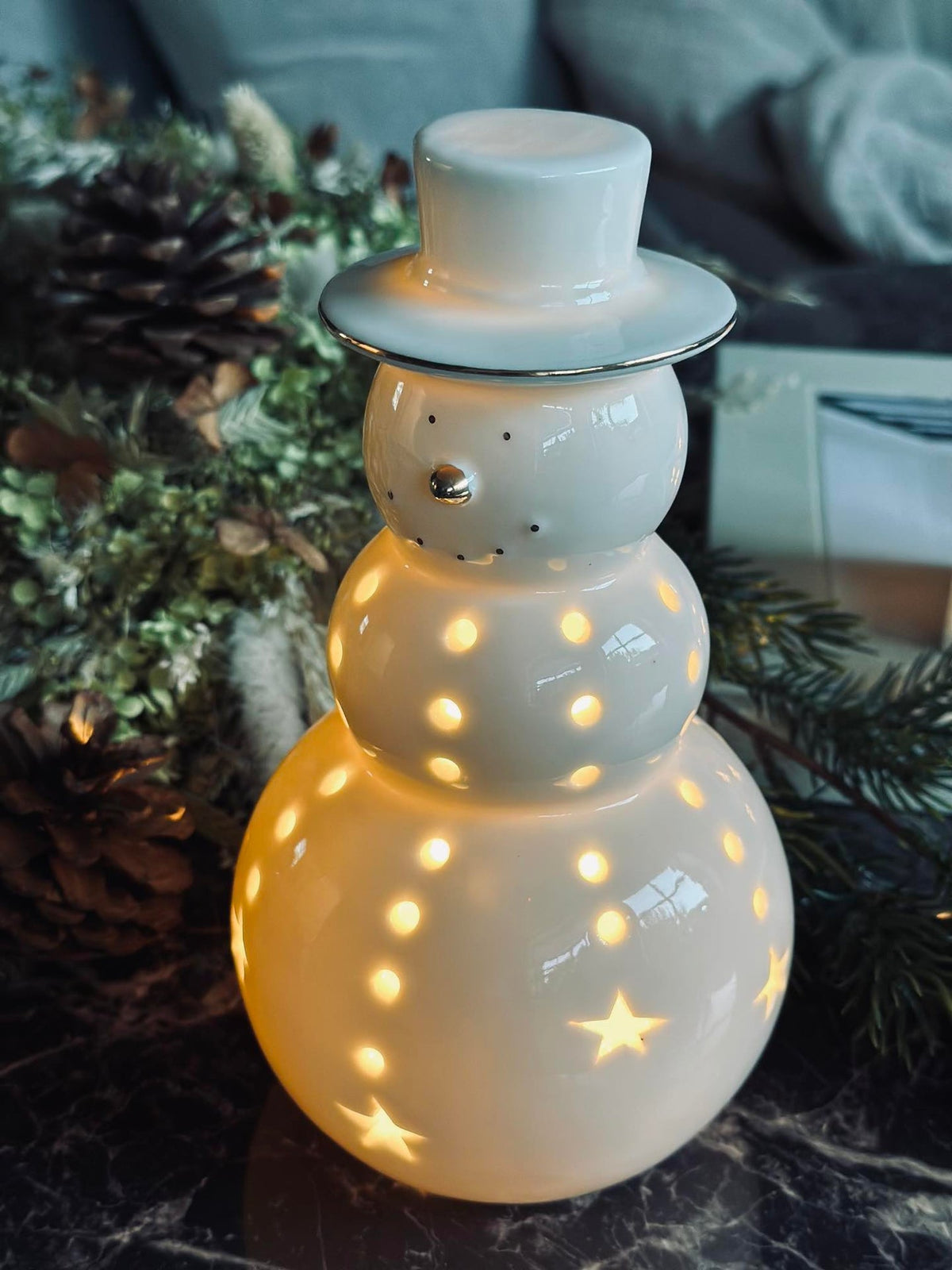 Bonhomme de neige avec éclairage LED - Porcelaine