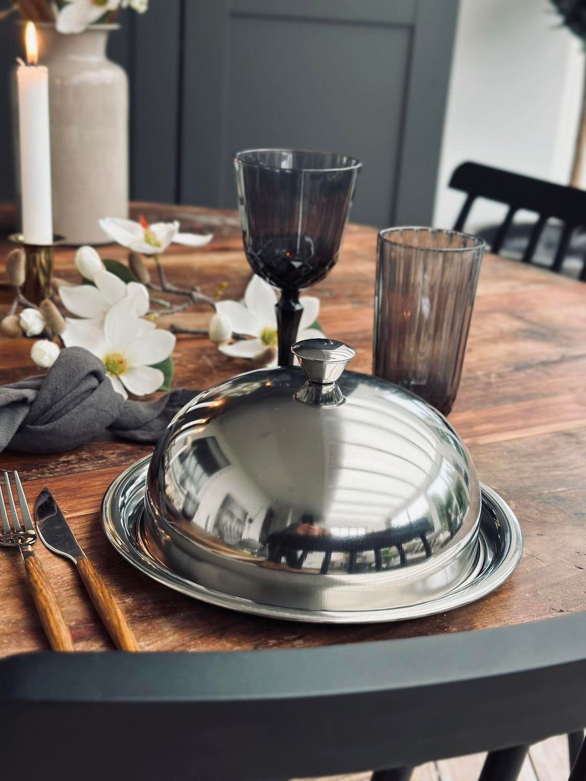 Cloche à plat avec assiette - Acier inoxydable - Dia 30 cm