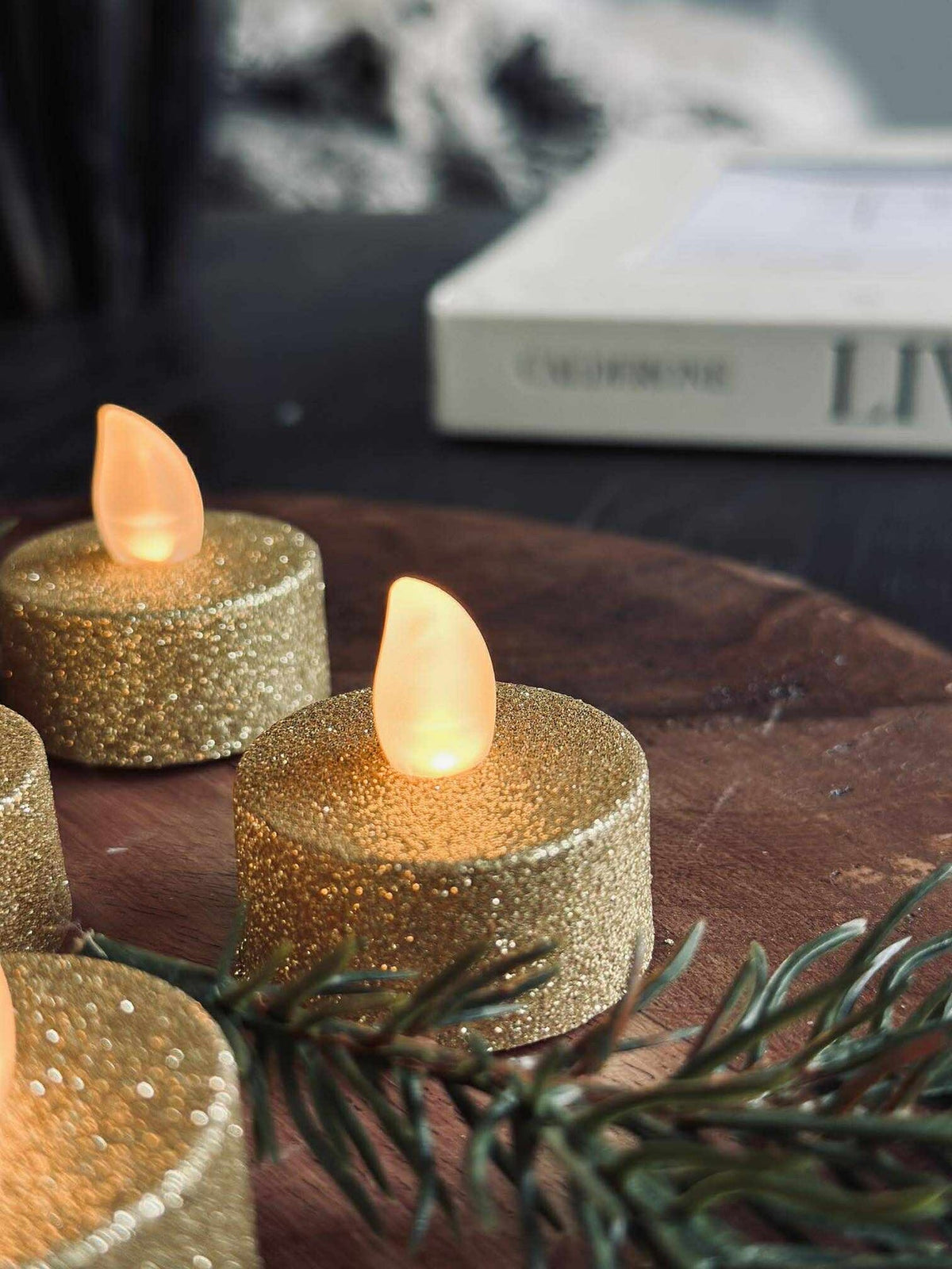 Bougies chauffe-plat avec LED - Glitter doré 6 pcs.