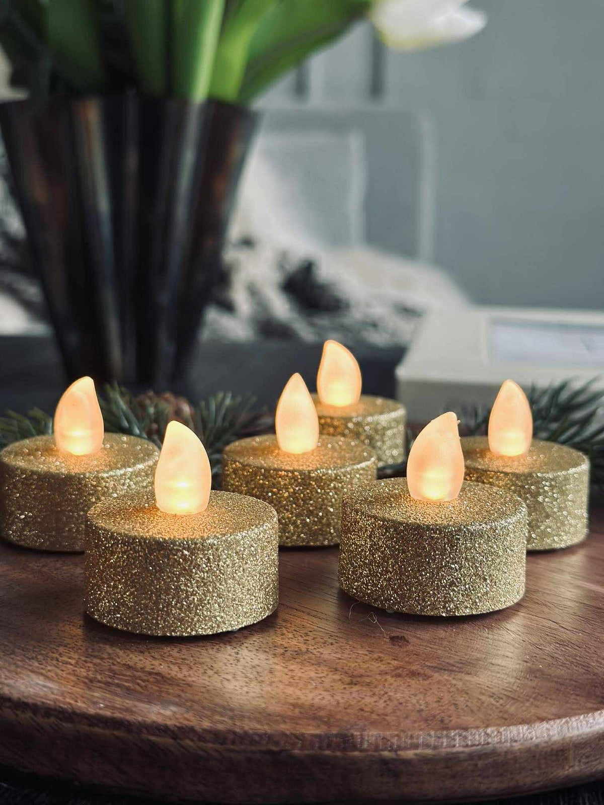 Bougies chauffe-plat avec LED - Glitter doré 6 pcs.
