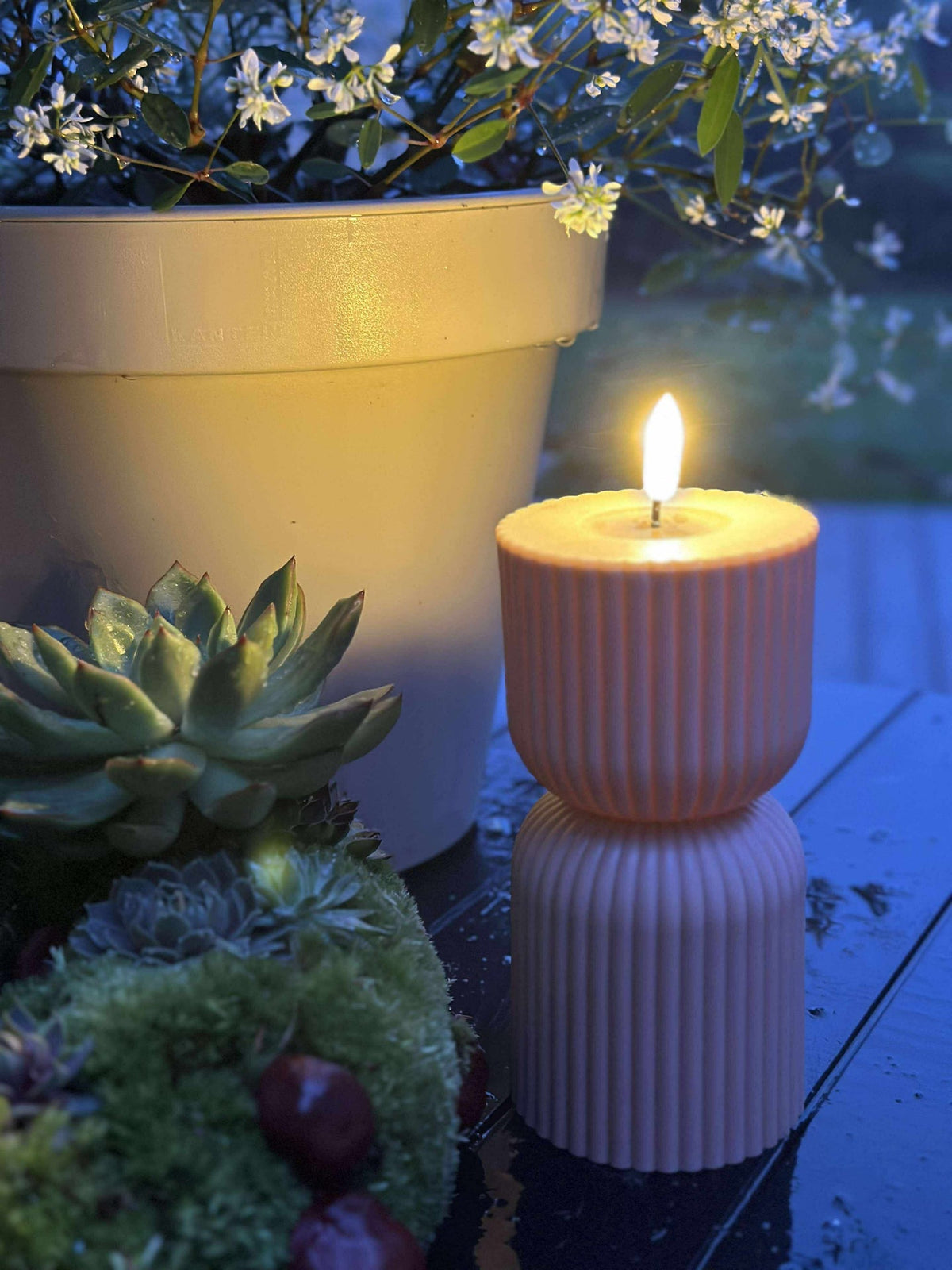 Bougie bloc LED rose/beige sablier - Extérieur