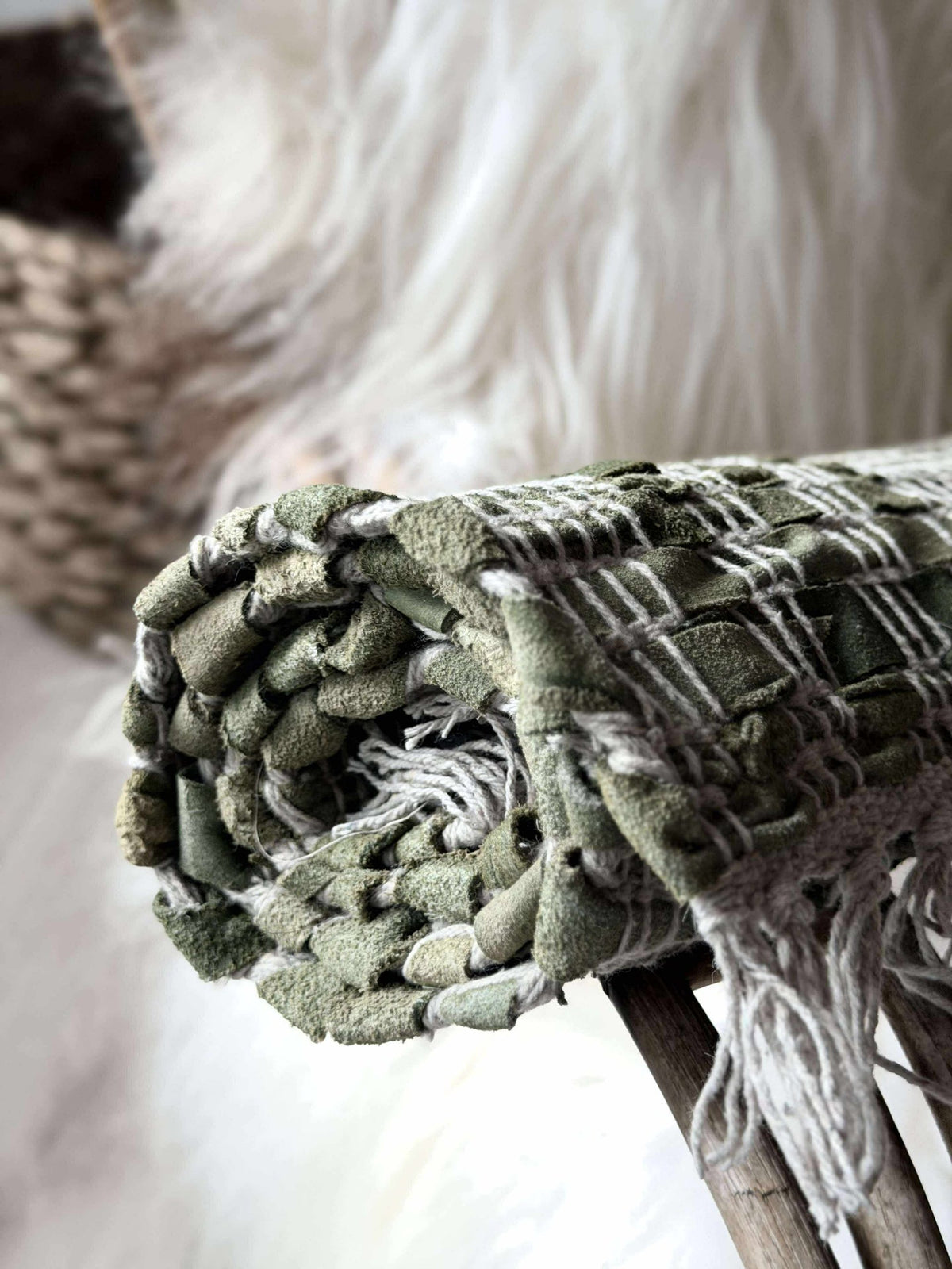 Paillasson en cuir avec franges - Vert