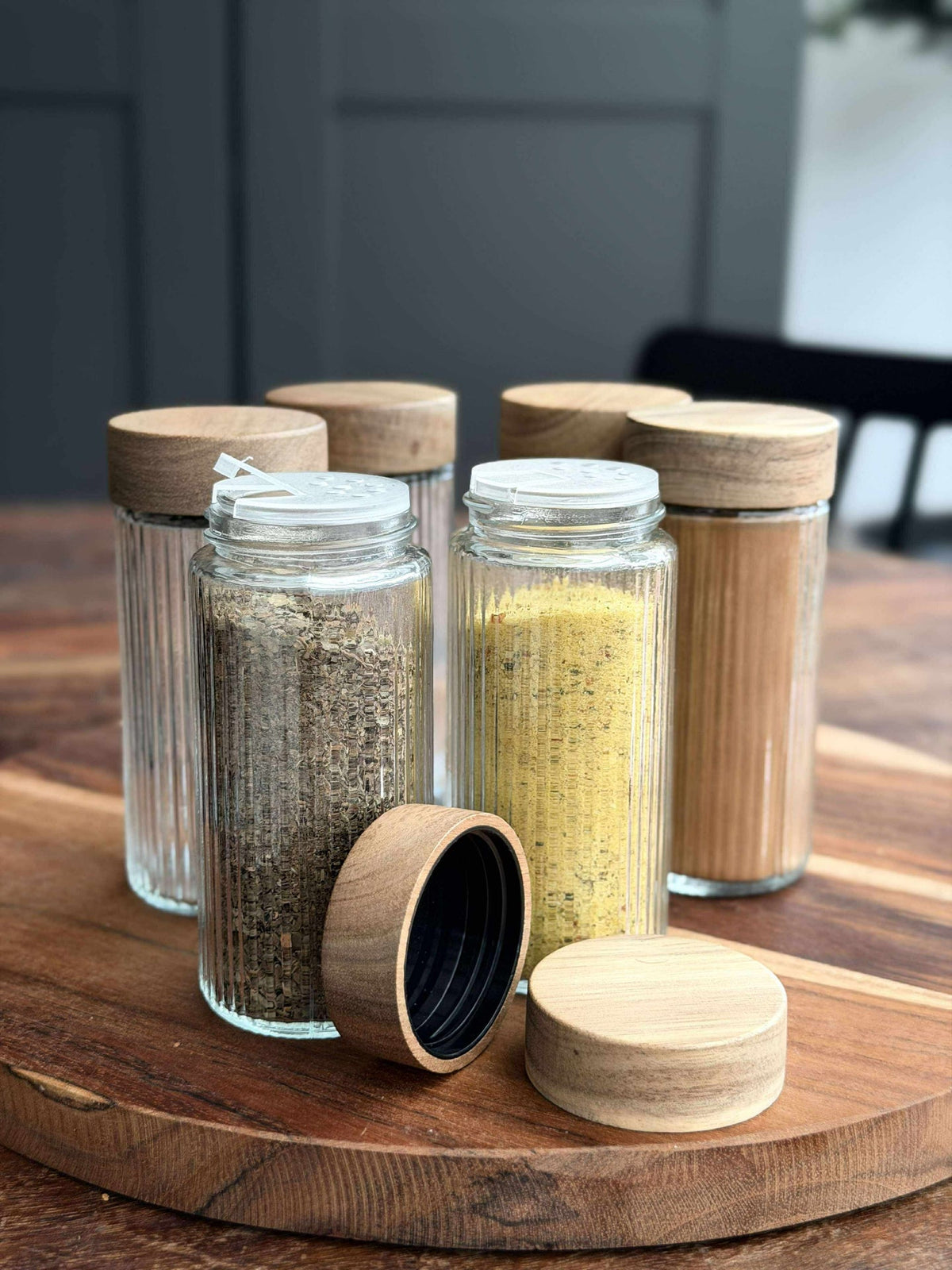 Bocaux à épices avec couvercle en bois - 6 pcs