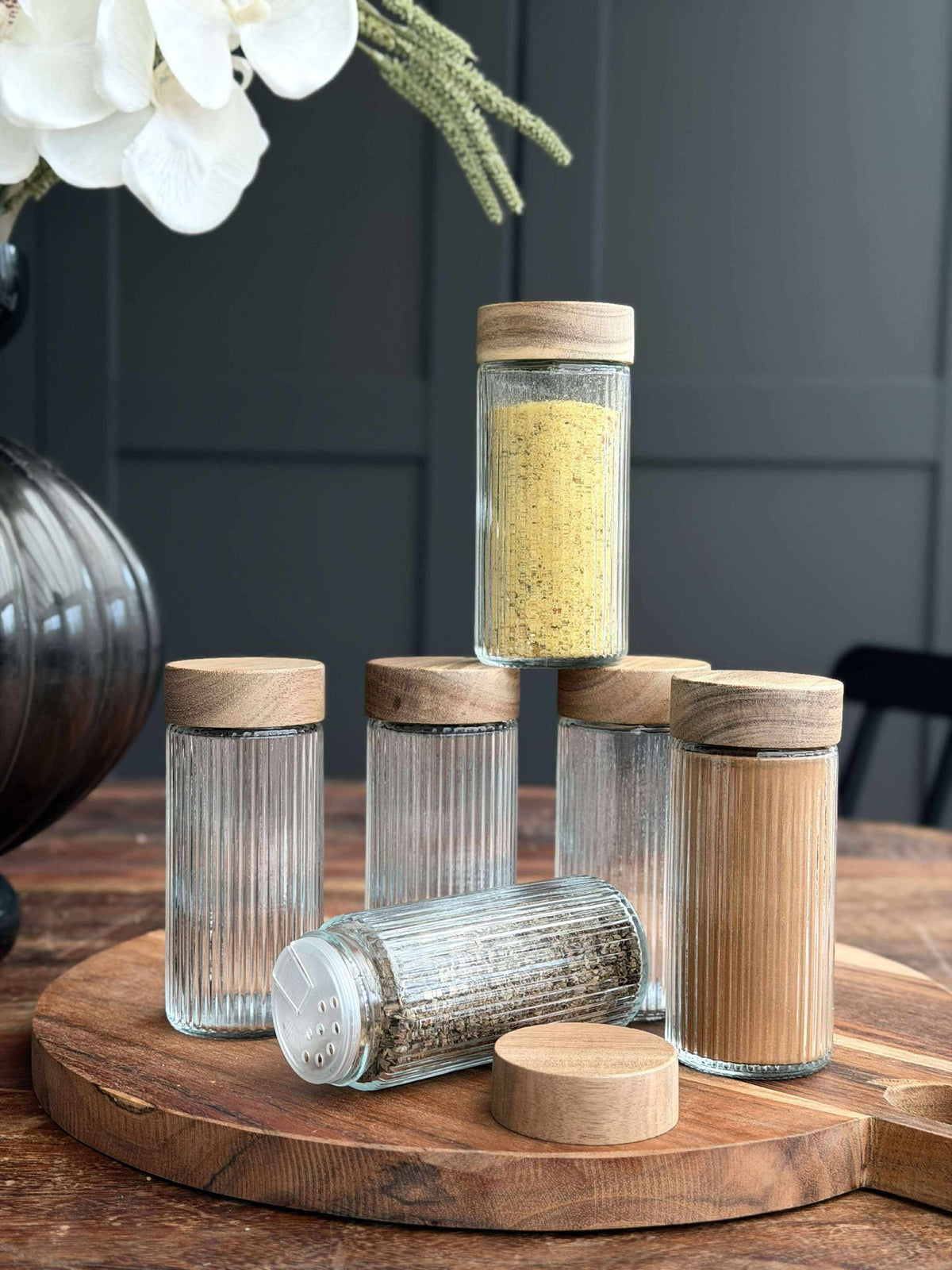 Bocaux à épices avec couvercle en bois - 6 pcs