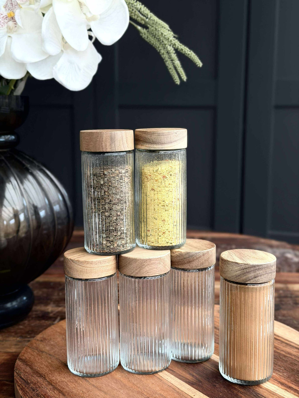 Bocaux à épices avec couvercle en bois - 6 pcs