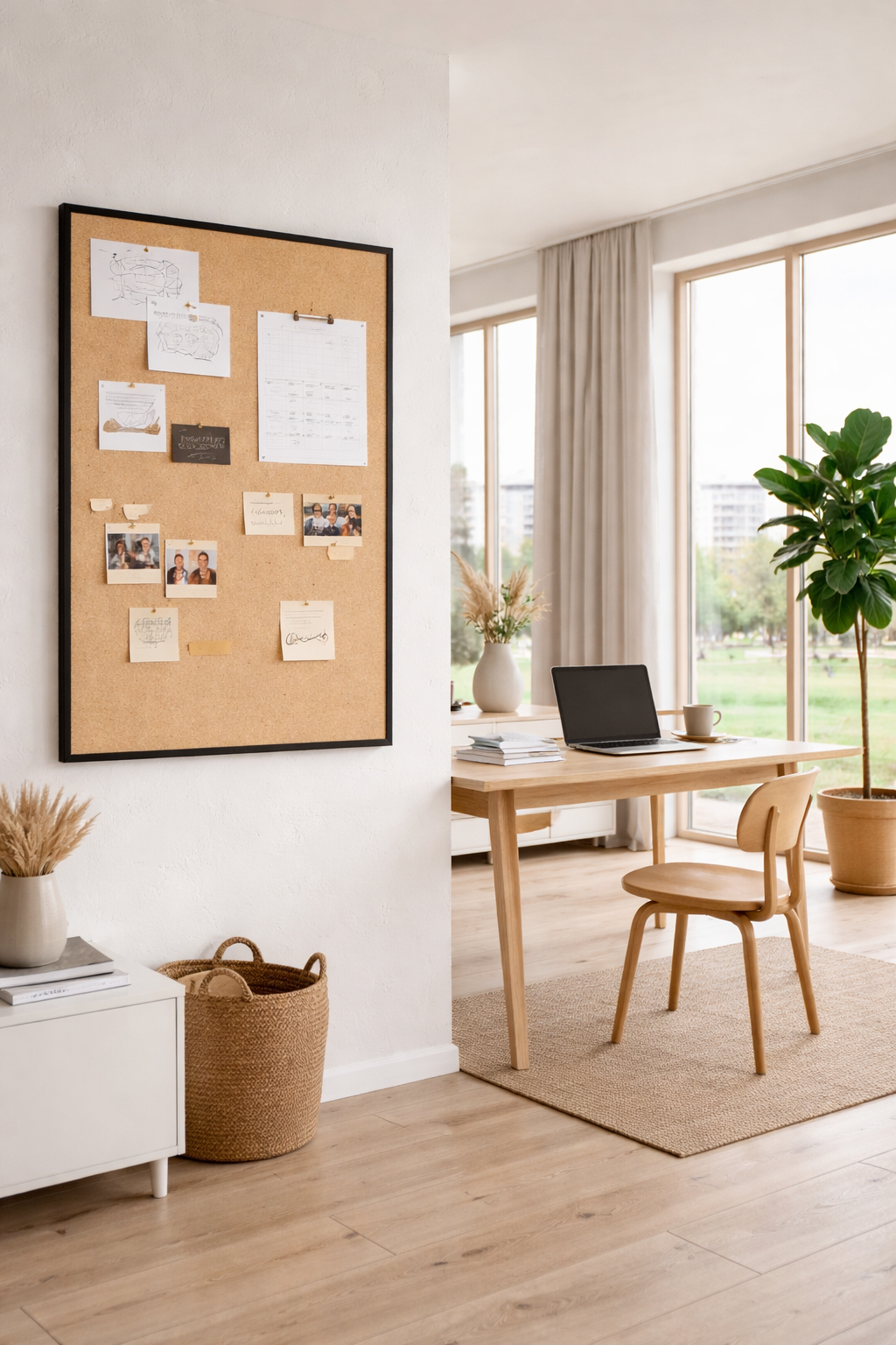 Grand tableau d’affichage en toile de jute avec cadre en bois noir – 100x60cm