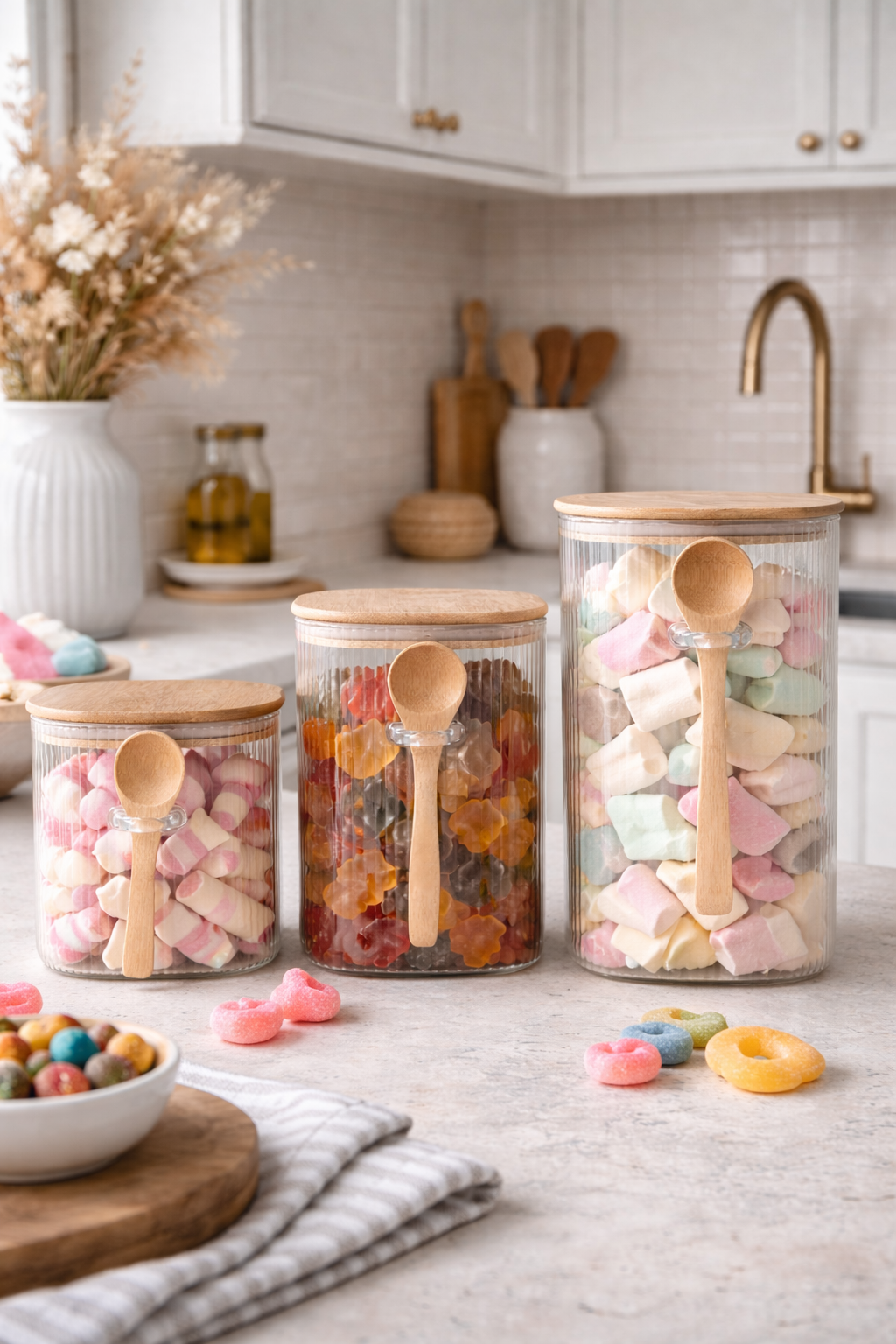 Bocal de rangement avec couvercle en bambou et cuillère - Plusieurs tailles