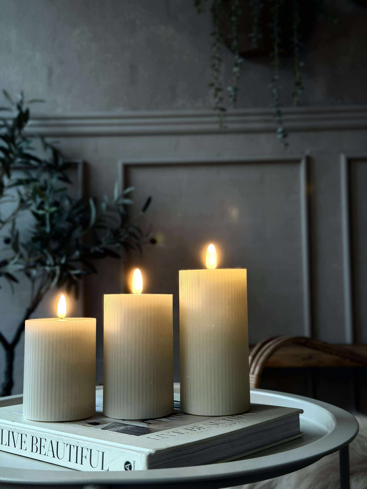Bougies LED bloc menthe à rainures - Lot de 3 pièces