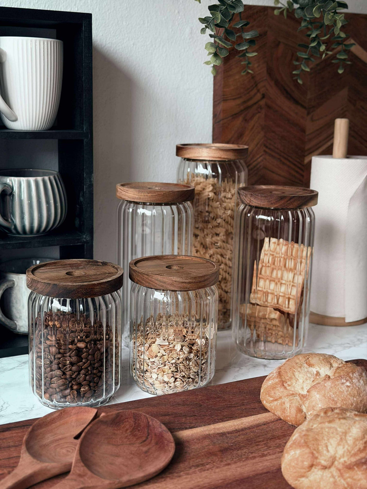 Bocaux de rangement avec couvercles en bois - Lot de 5