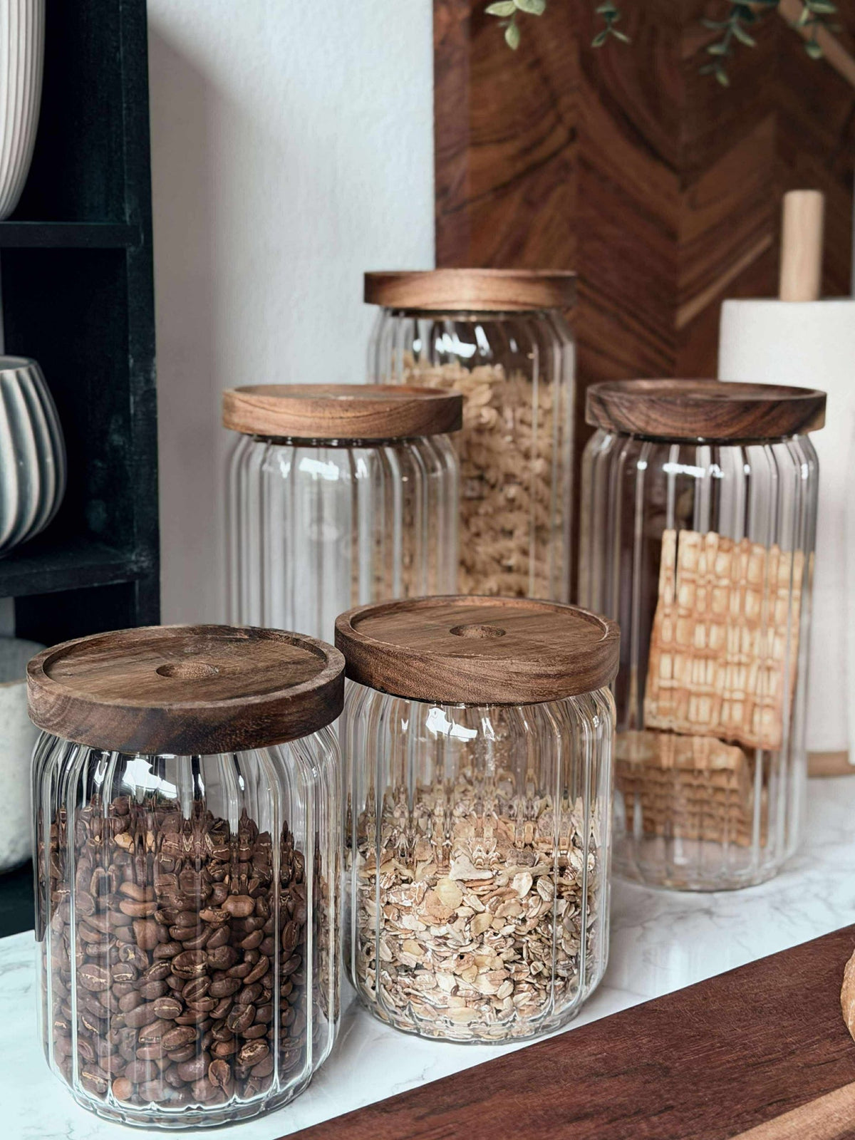 Bocaux de rangement avec couvercles en bois - Lot de 5