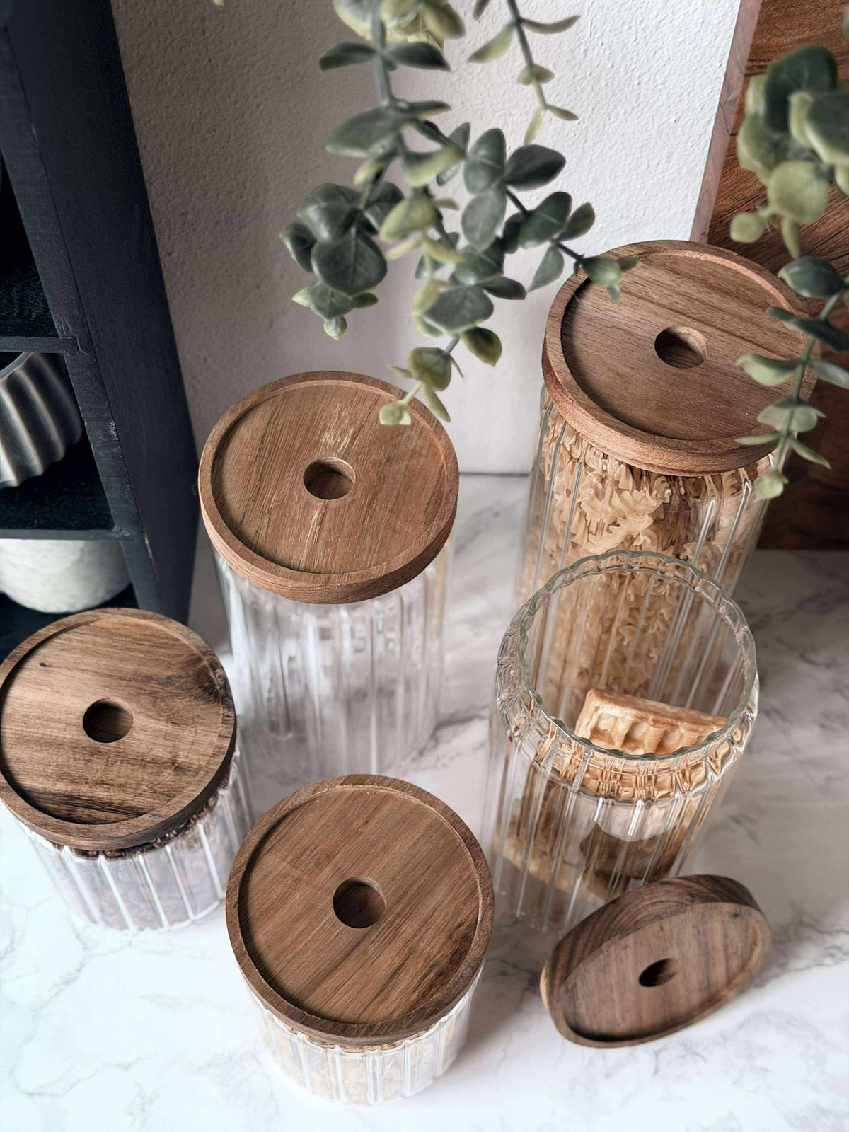 Bocaux de rangement avec couvercles en bois - Lot de 5