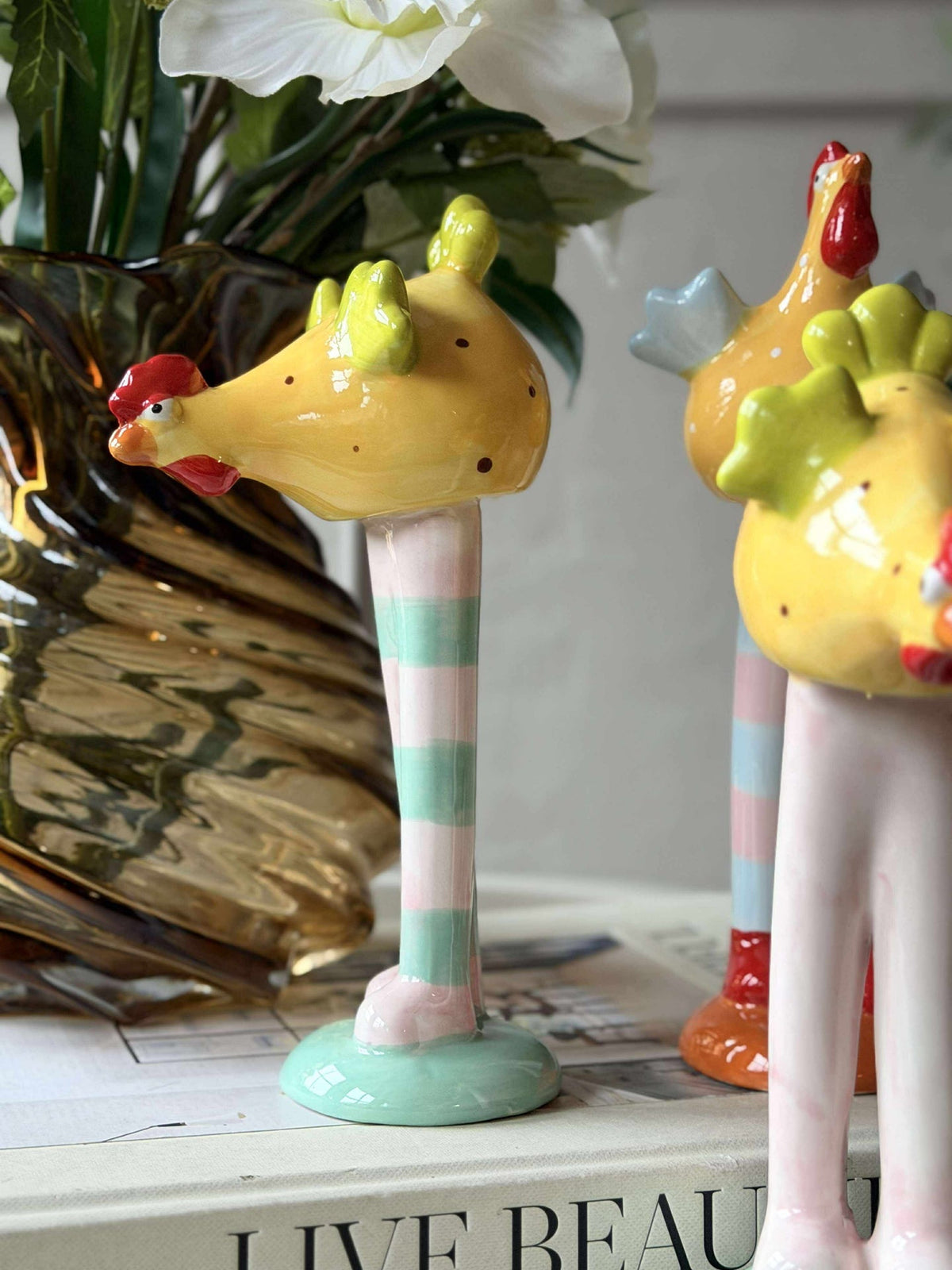 Poule aux longues pattes - Jaune à pois