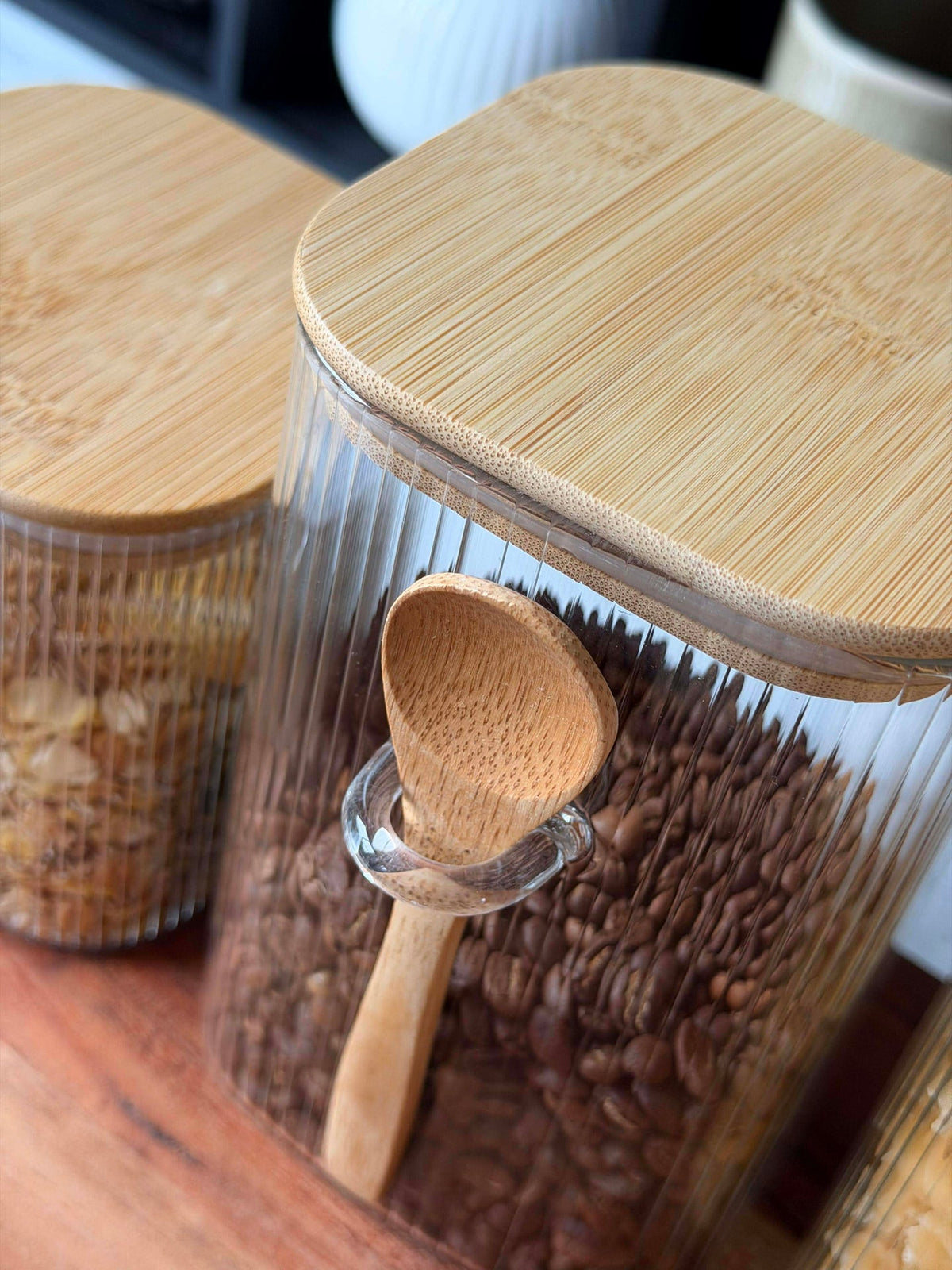 Bocal de rangement avec couvercle en bambou et cuillère - Plusieurs tailles