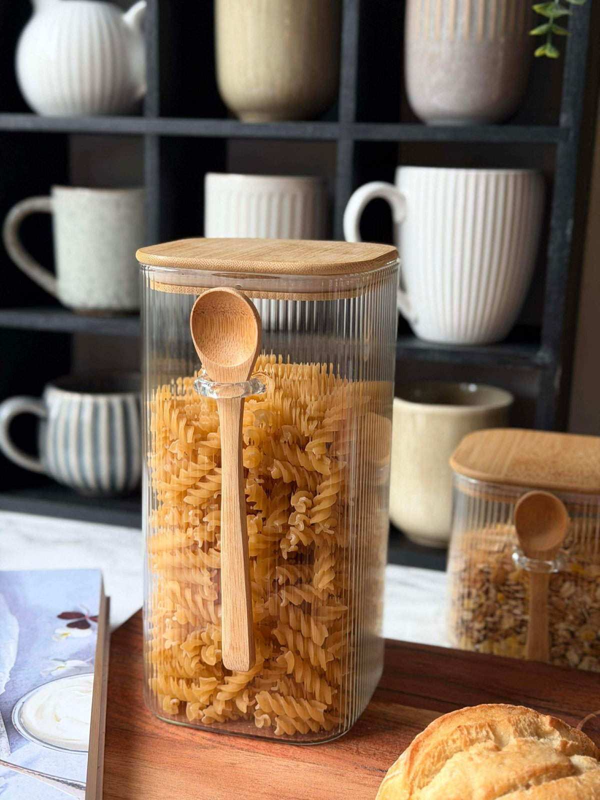 Bocal de rangement avec couvercle en bambou et cuillère - Plusieurs tailles
