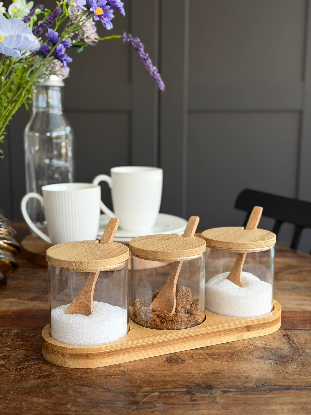 Set de plateau avec plateau, 3 bocaux et cuillères