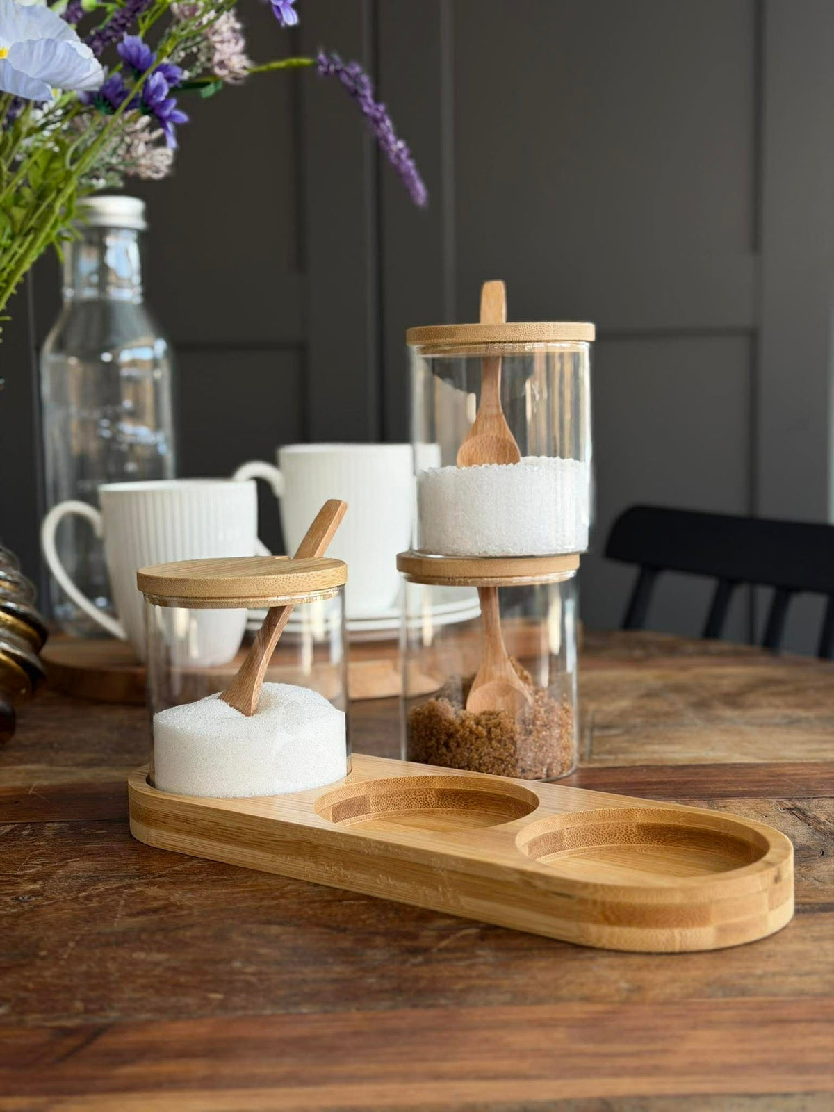 Set de plateau avec plateau, 3 bocaux et cuillères