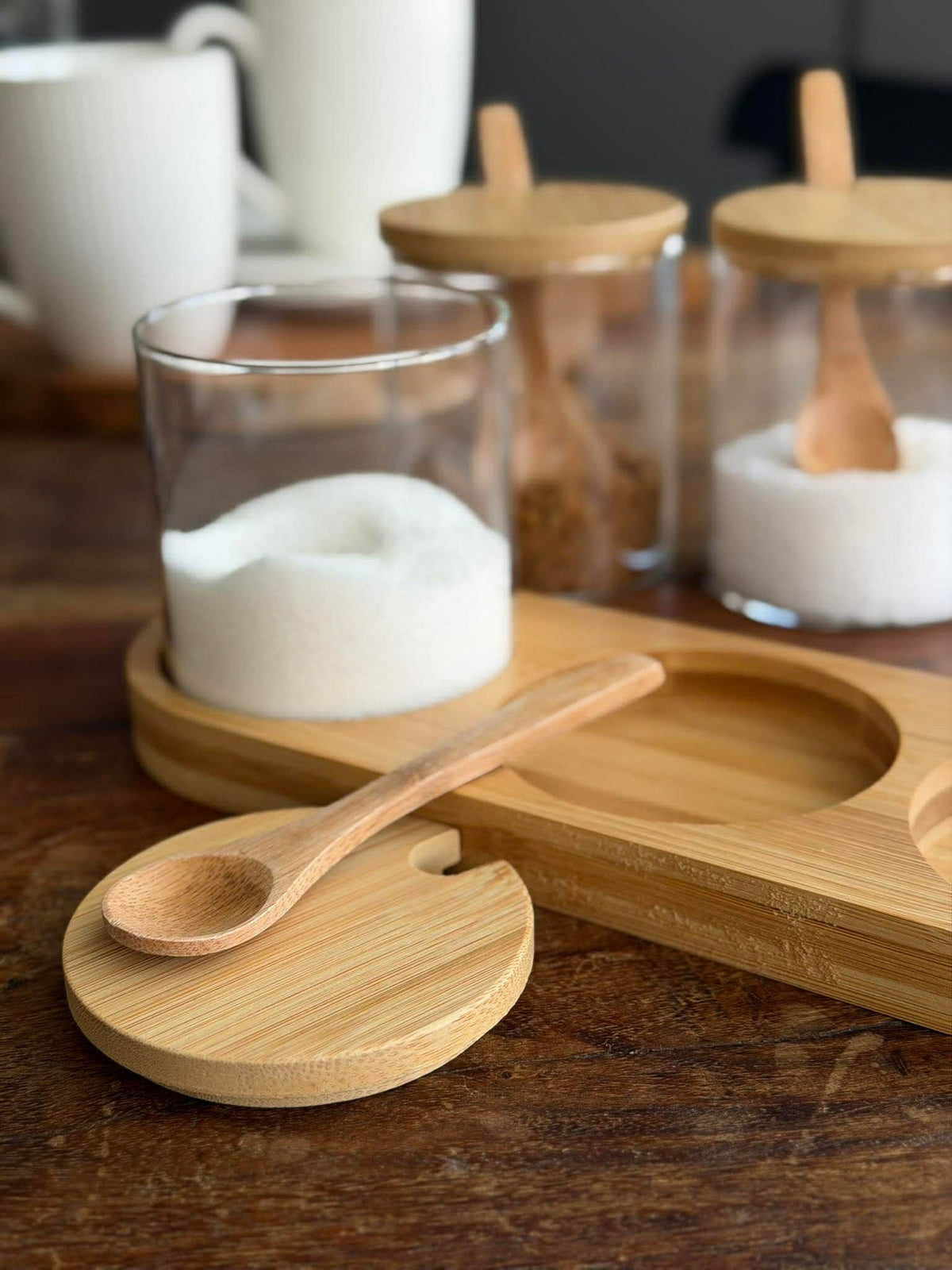 Set de plateau avec plateau, 3 bocaux et cuillères