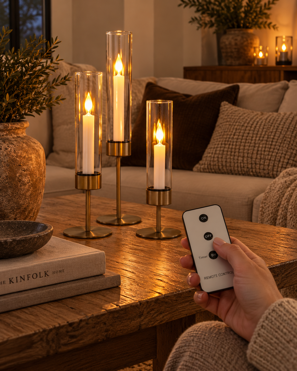 Bougeoir cylindrique avec lumière LED - Lot de 3 pièces