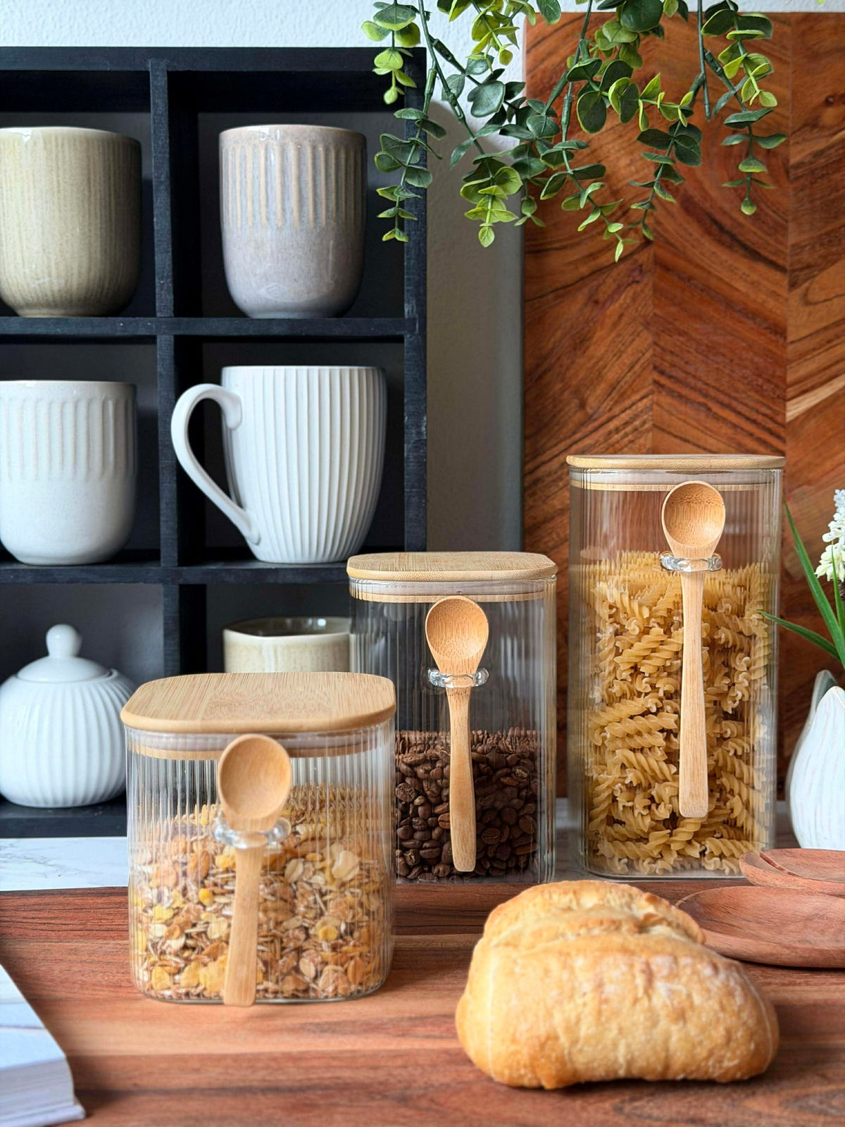 Bocal de rangement avec couvercle en bambou et cuillère - Plusieurs tailles