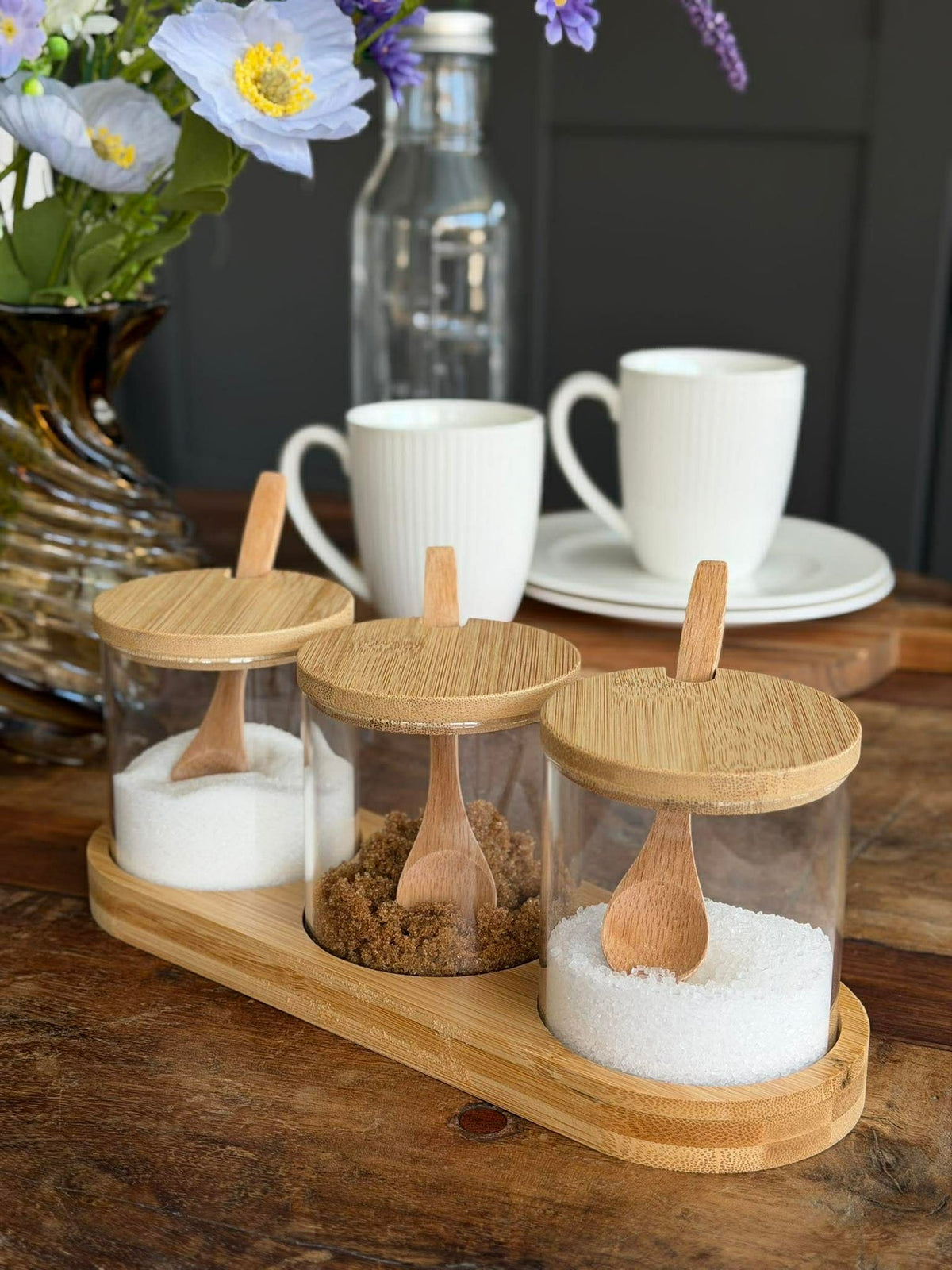 Set de plateau avec plateau, 3 bocaux et cuillères