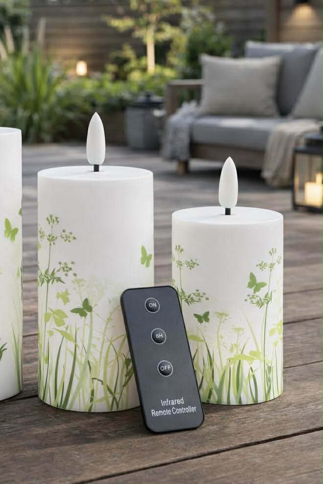 Bougies piliers d’extérieur Green Flower - Lot de 3