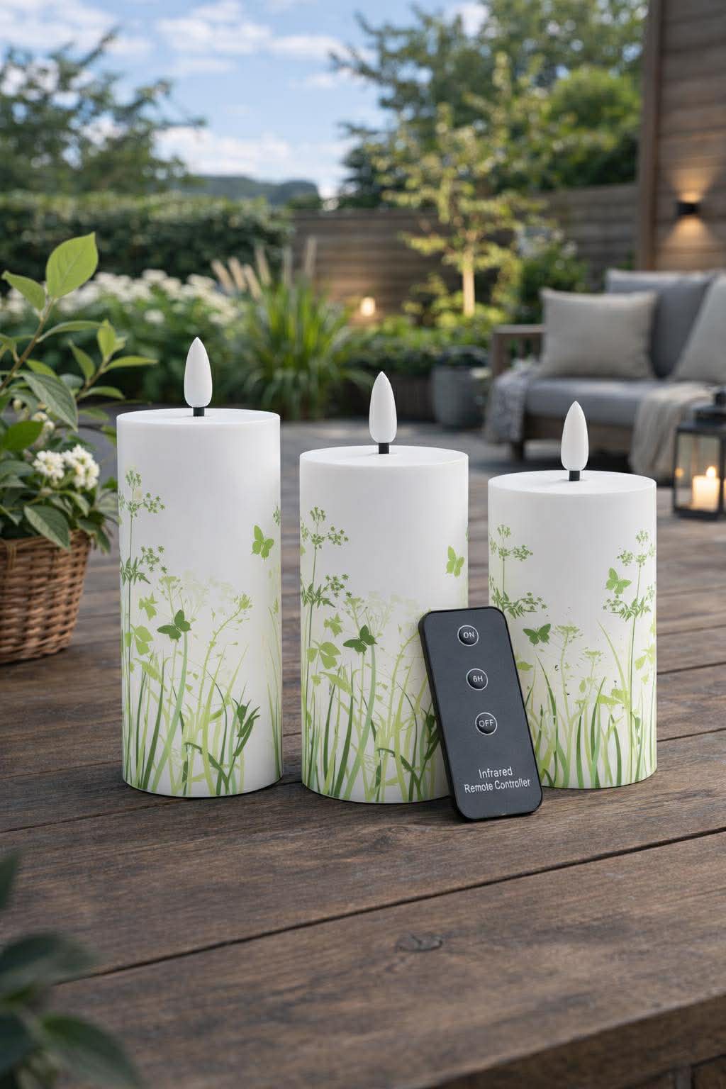 Bougies piliers d’extérieur Green Flower - Lot de 3