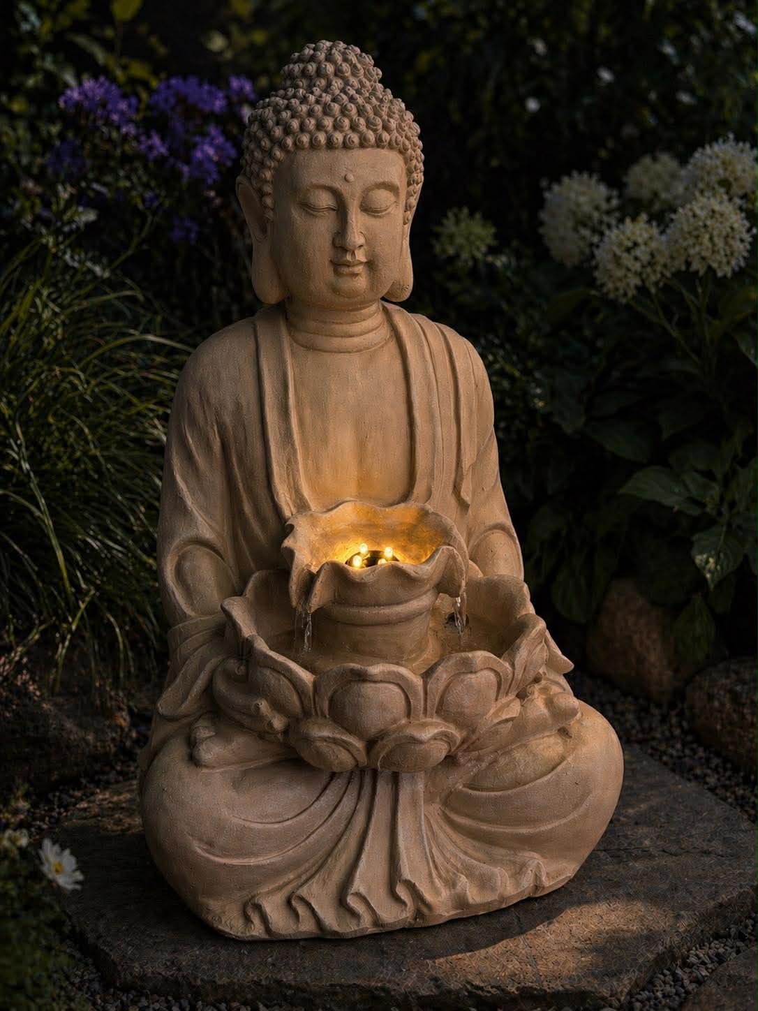 Buddha avec lumière LED et fontaine