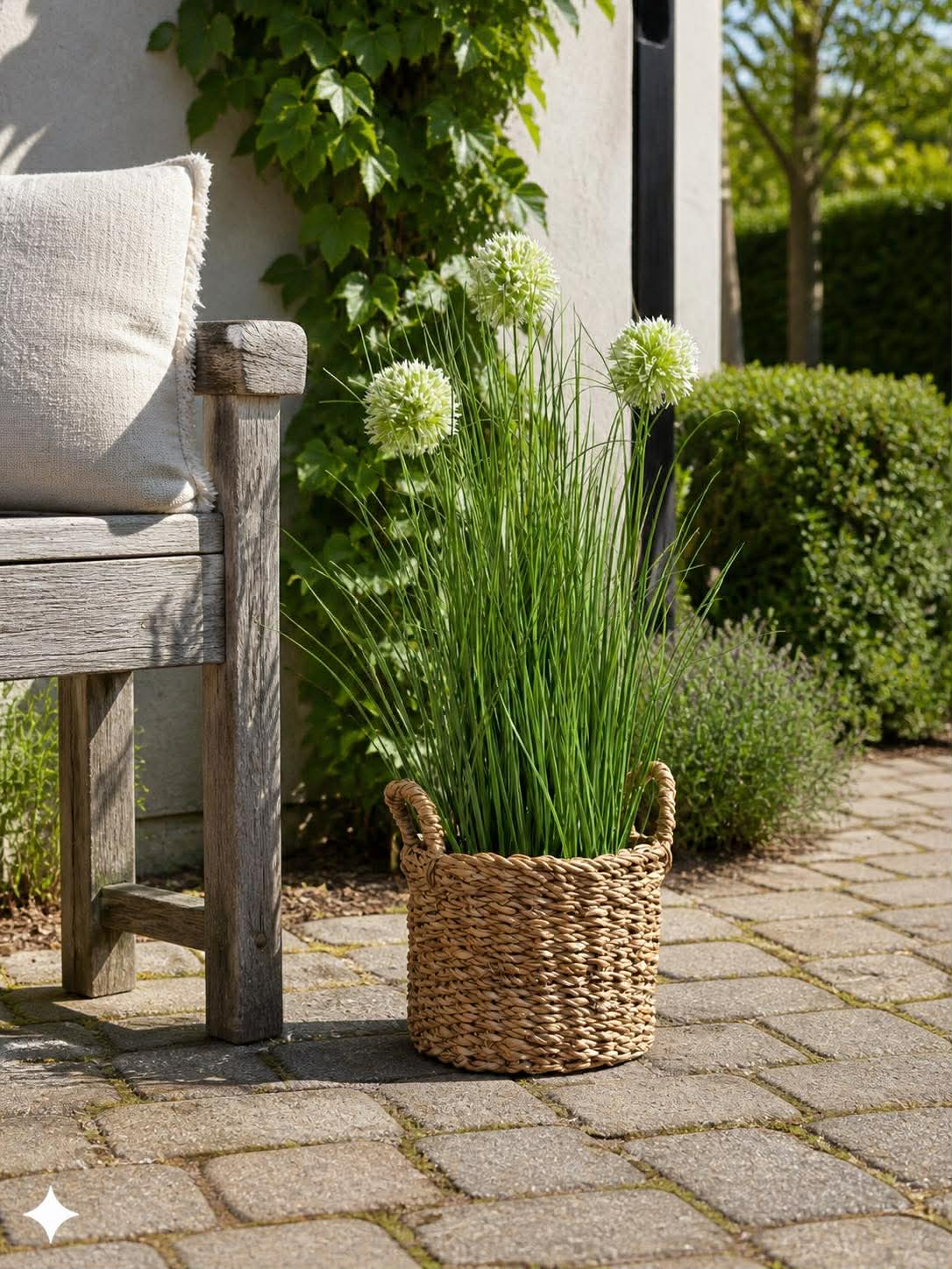 Herbe et fleurs d’allium en pot
