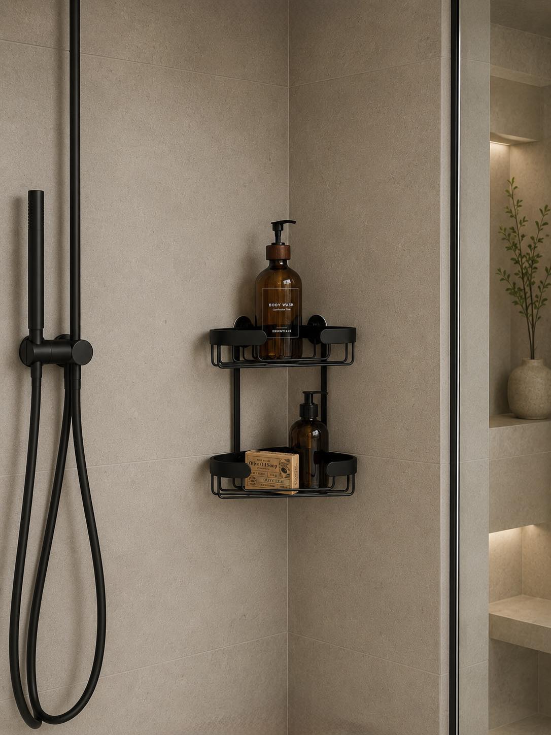 Étagère d'angle double pour salle de bain - Aluminium noir