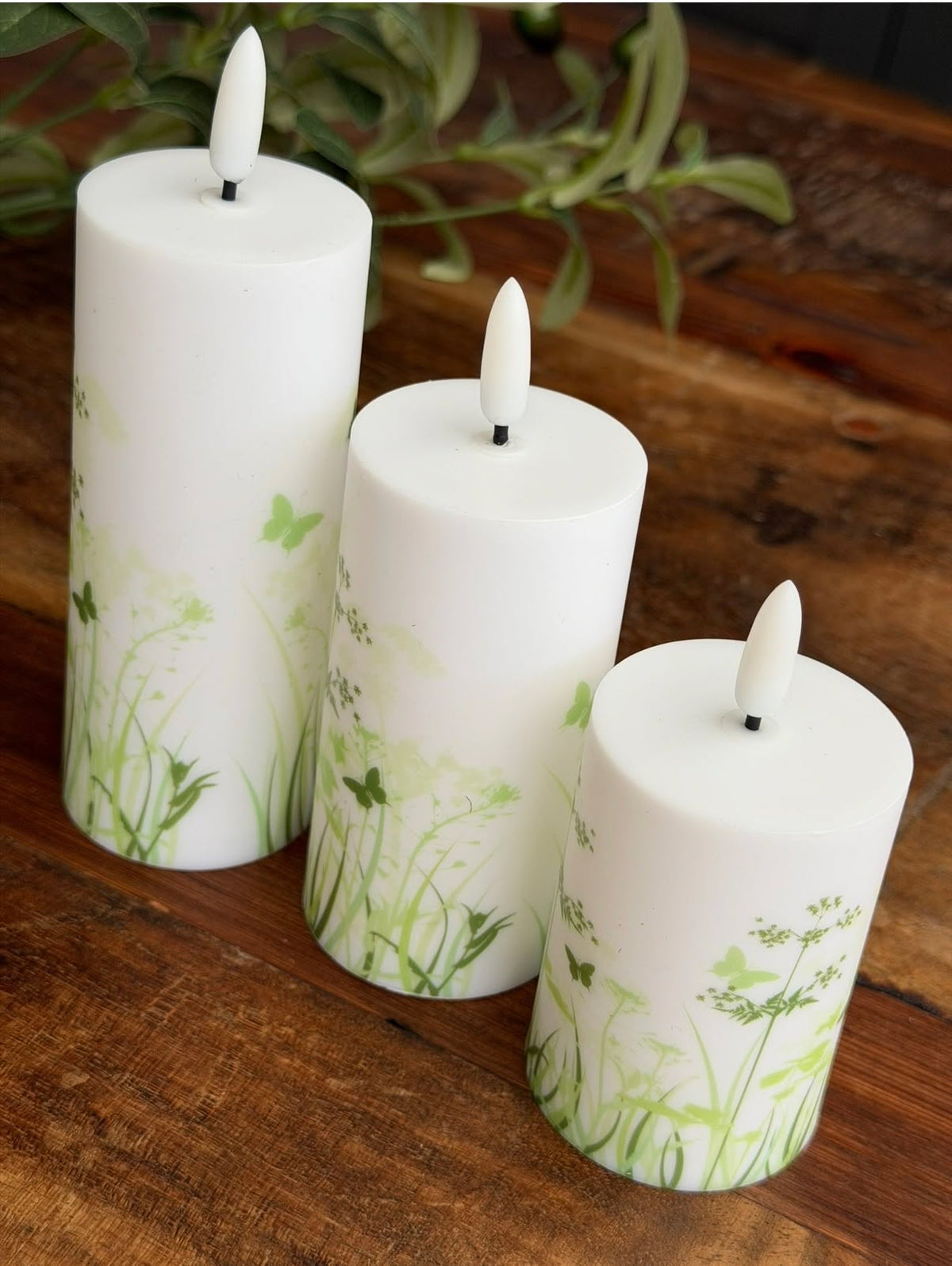 Bougies piliers d’extérieur Green Flower - Lot de 3