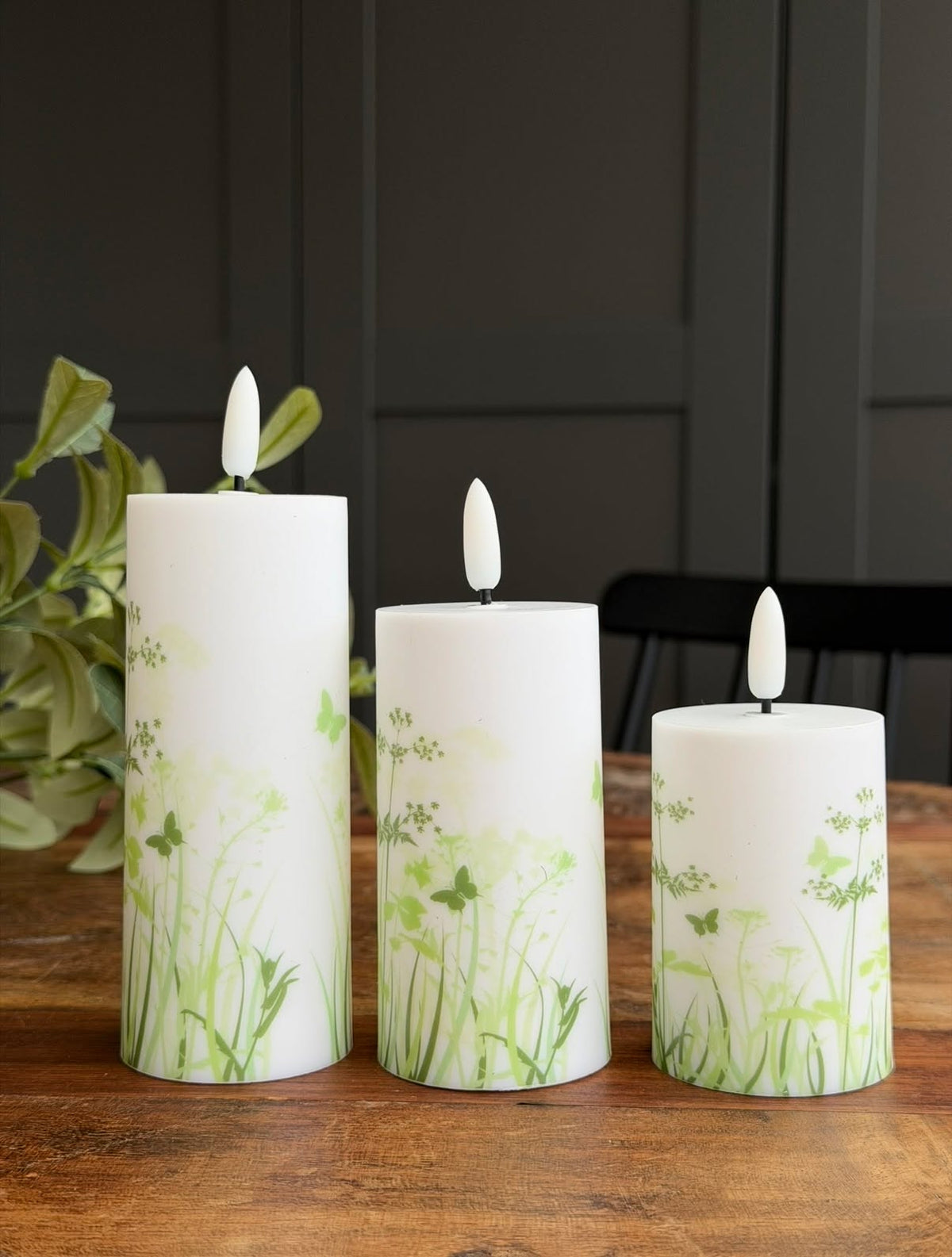 Bougies piliers d’extérieur Green Flower - Lot de 3