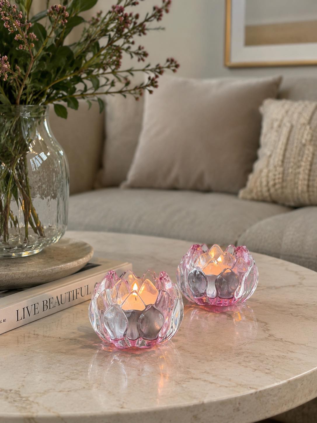 Bougeoir rose fleur  - Lot de 2