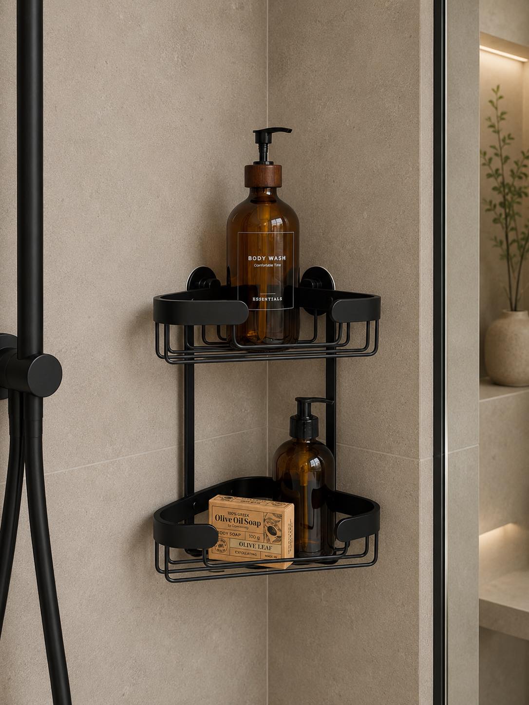 Étagère d'angle double pour salle de bain - Aluminium noir