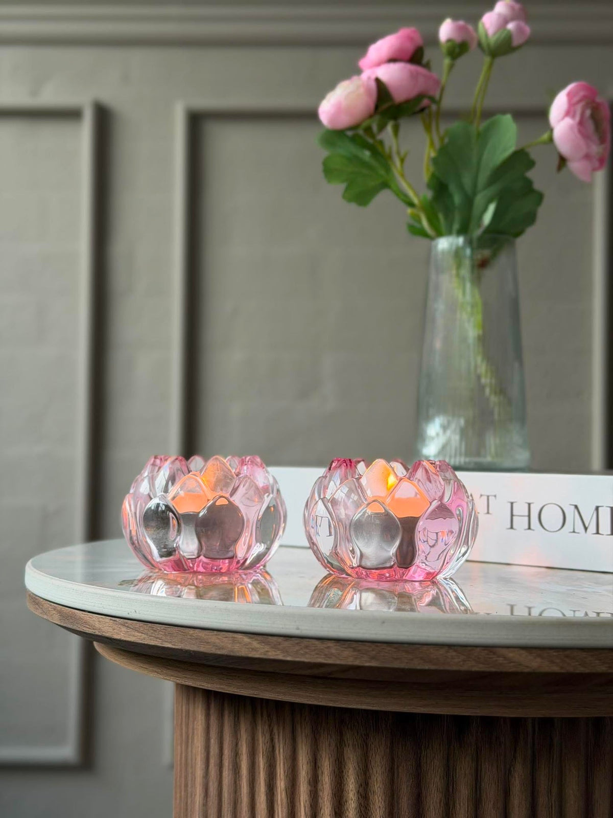Bougeoir rose fleur  - Lot de 2
