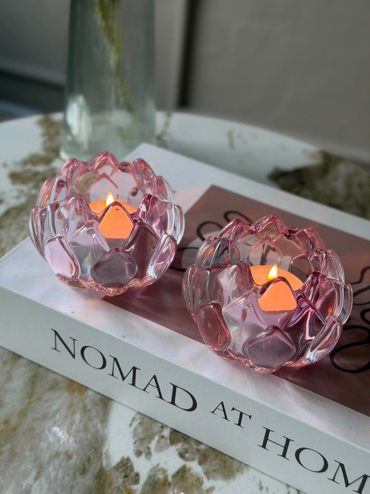 Bougeoir rose fleur  - Lot de 2