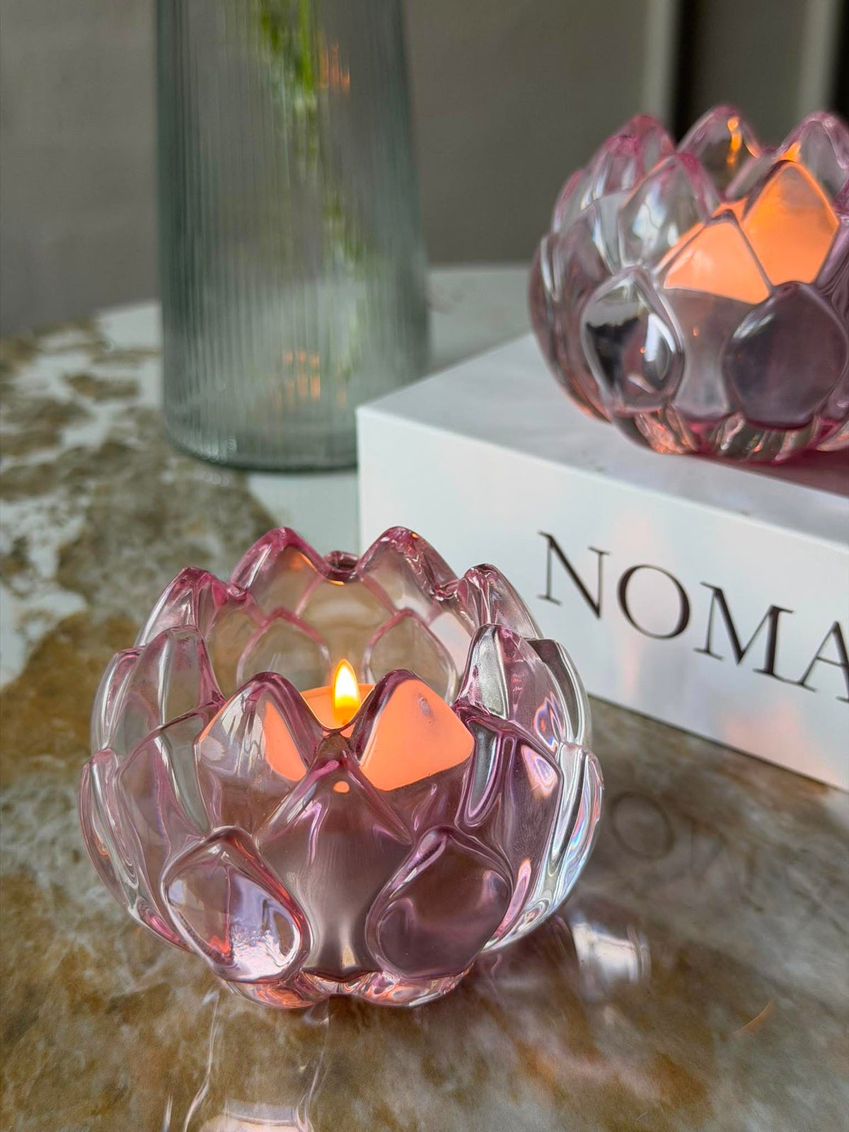 Bougeoir rose fleur  - Lot de 2
