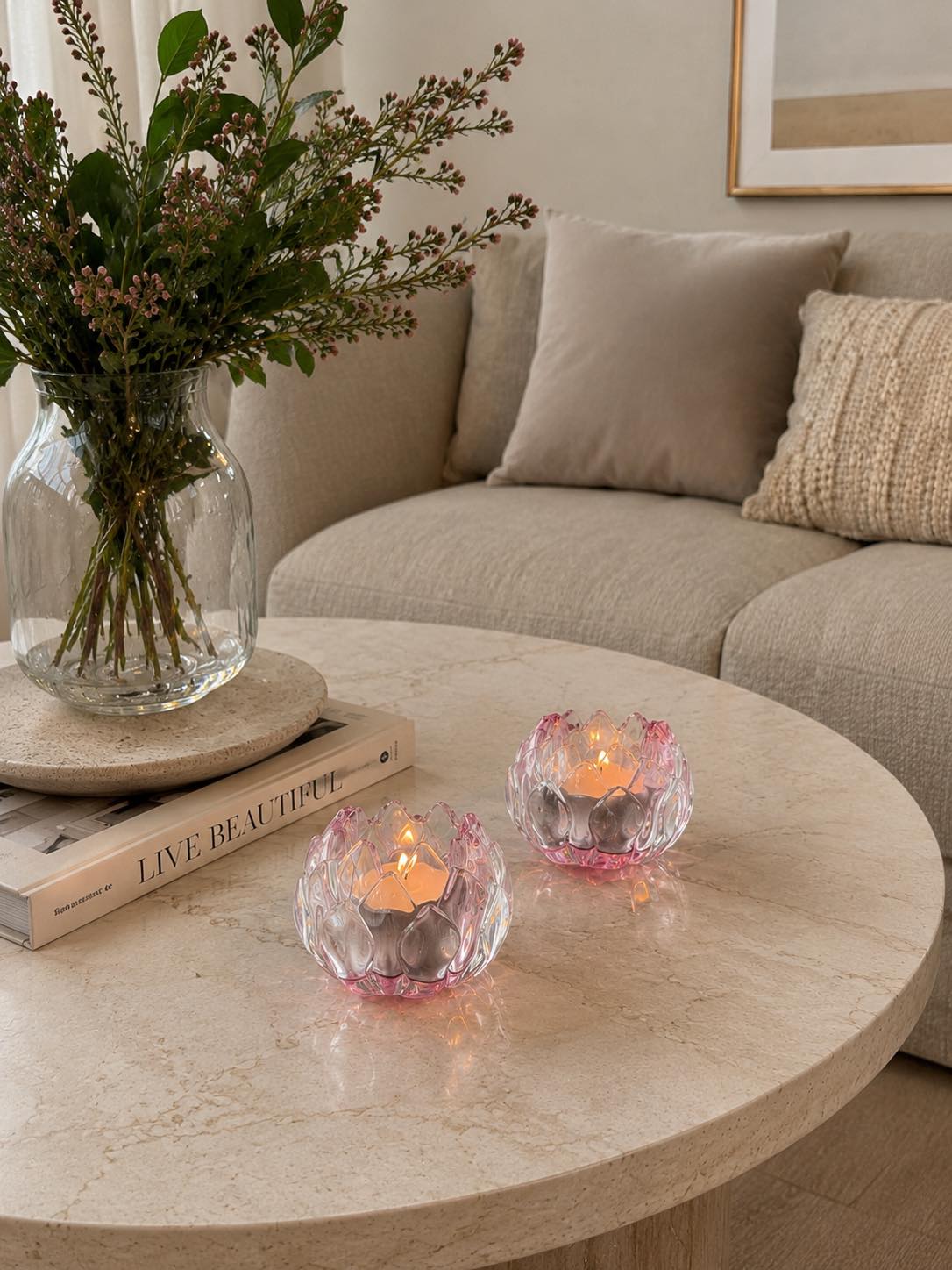 Bougeoir rose fleur  - Lot de 2
