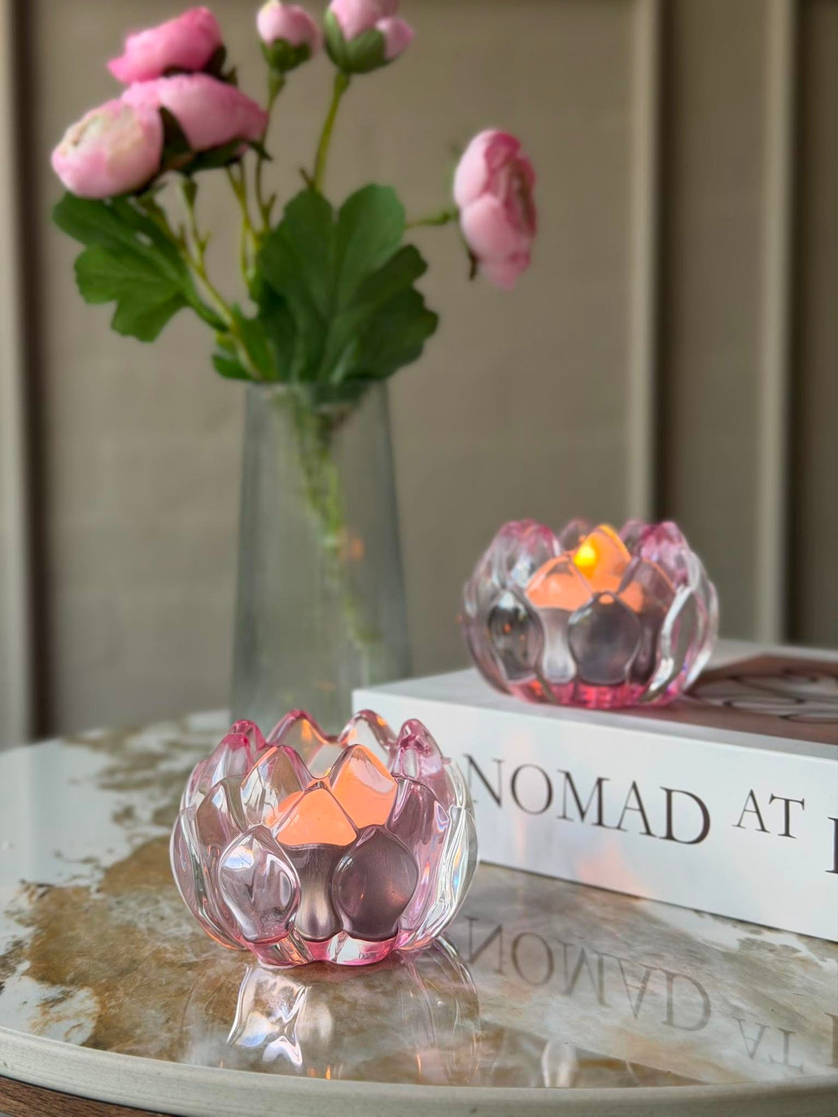 Bougeoir rose fleur  - Lot de 2