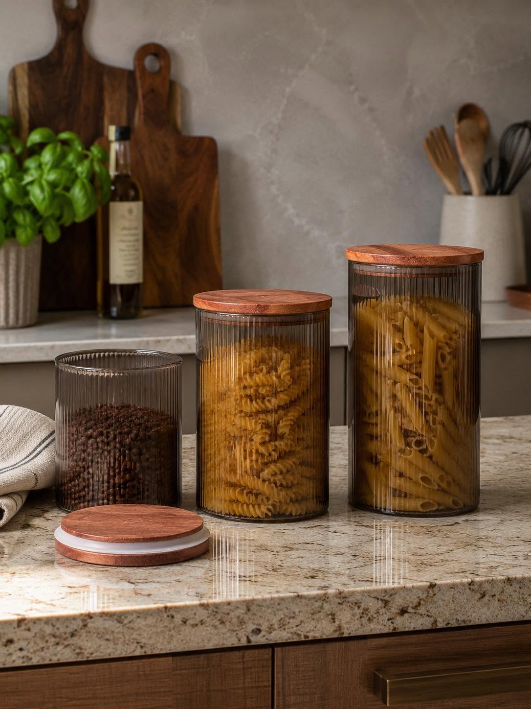 Bocaux de rangement avec couvercle en bois - Plusieurs tailles