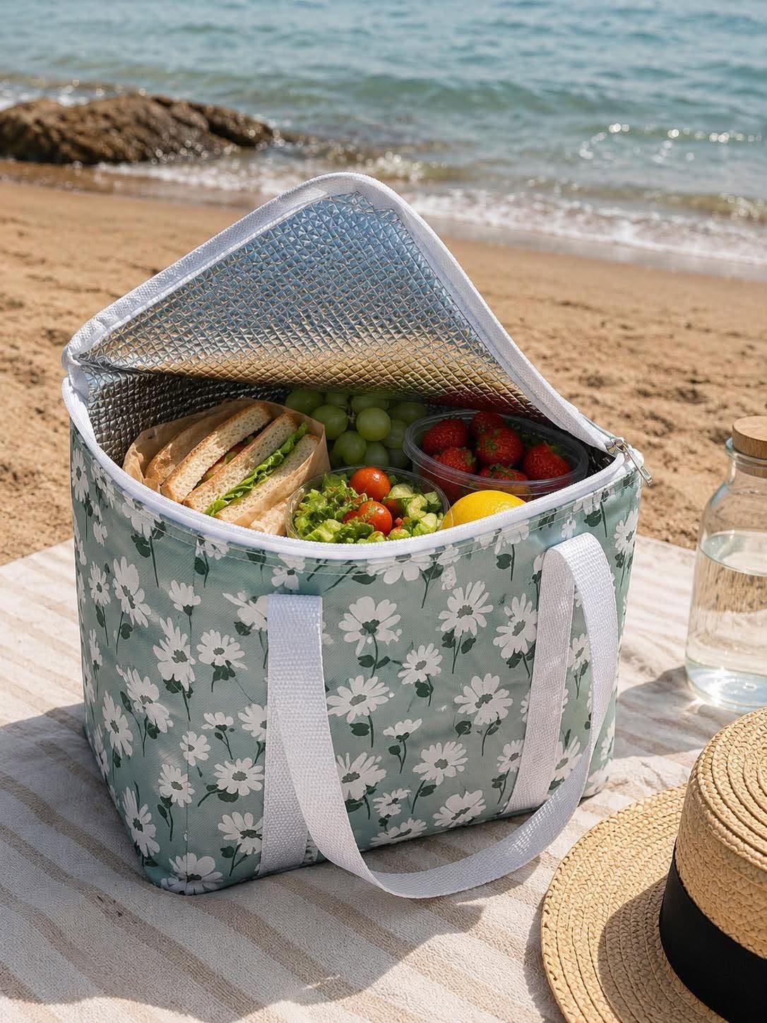 Sac isotherme avec fleurs blanches - Plusieurs tailles