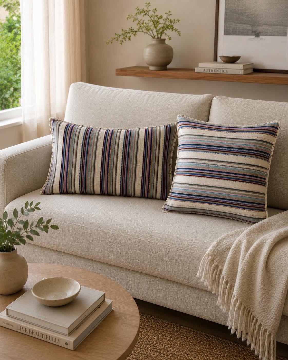 Coussin garni - pastel rayé multicolore 45x45