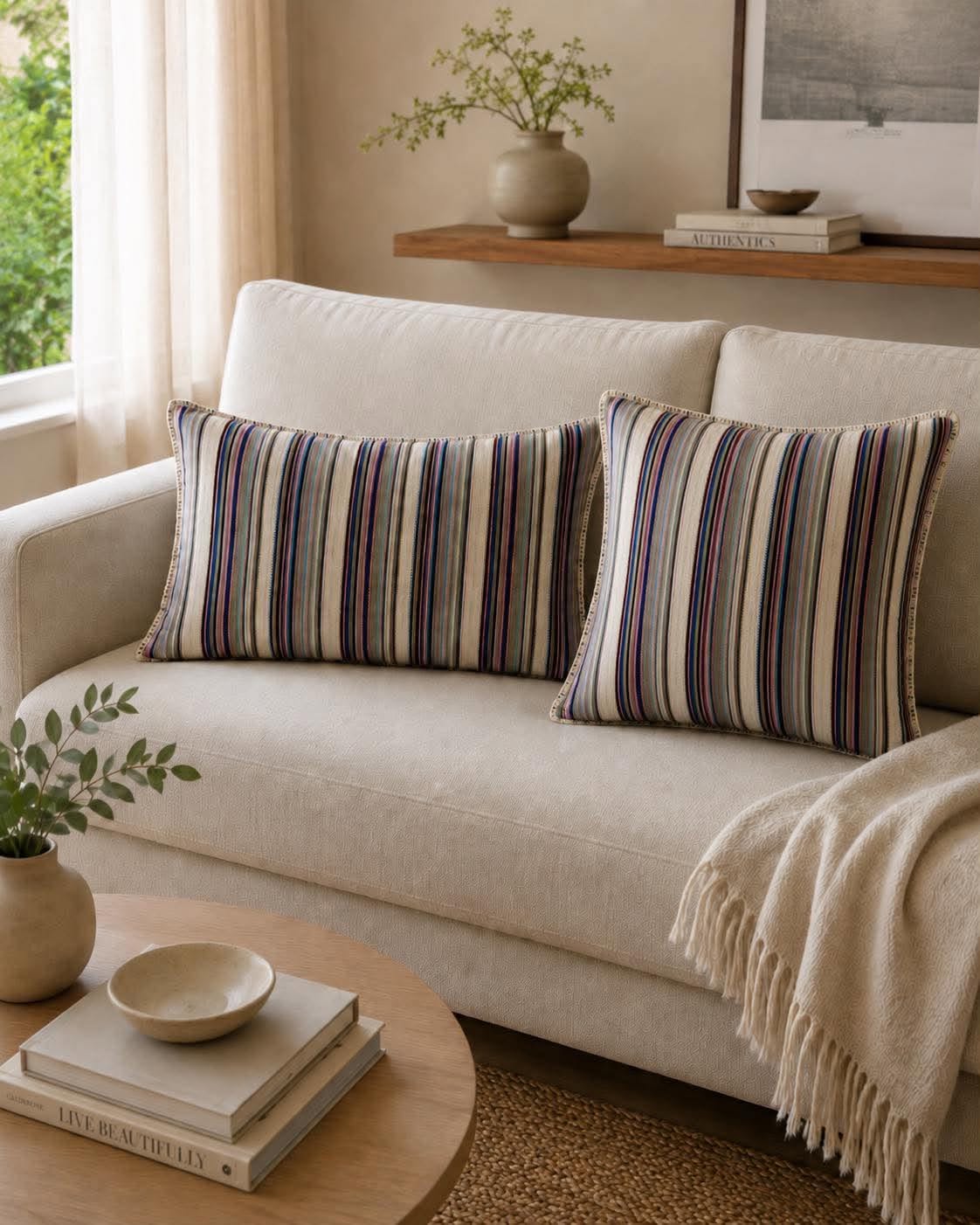 Coussin garni - pastel rayé multicolore 45x45