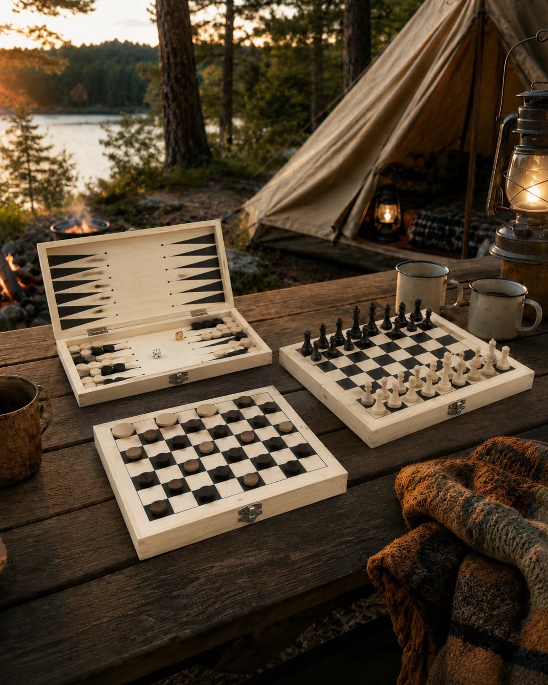 Coffret de jeux de société 3-en-1 en bois