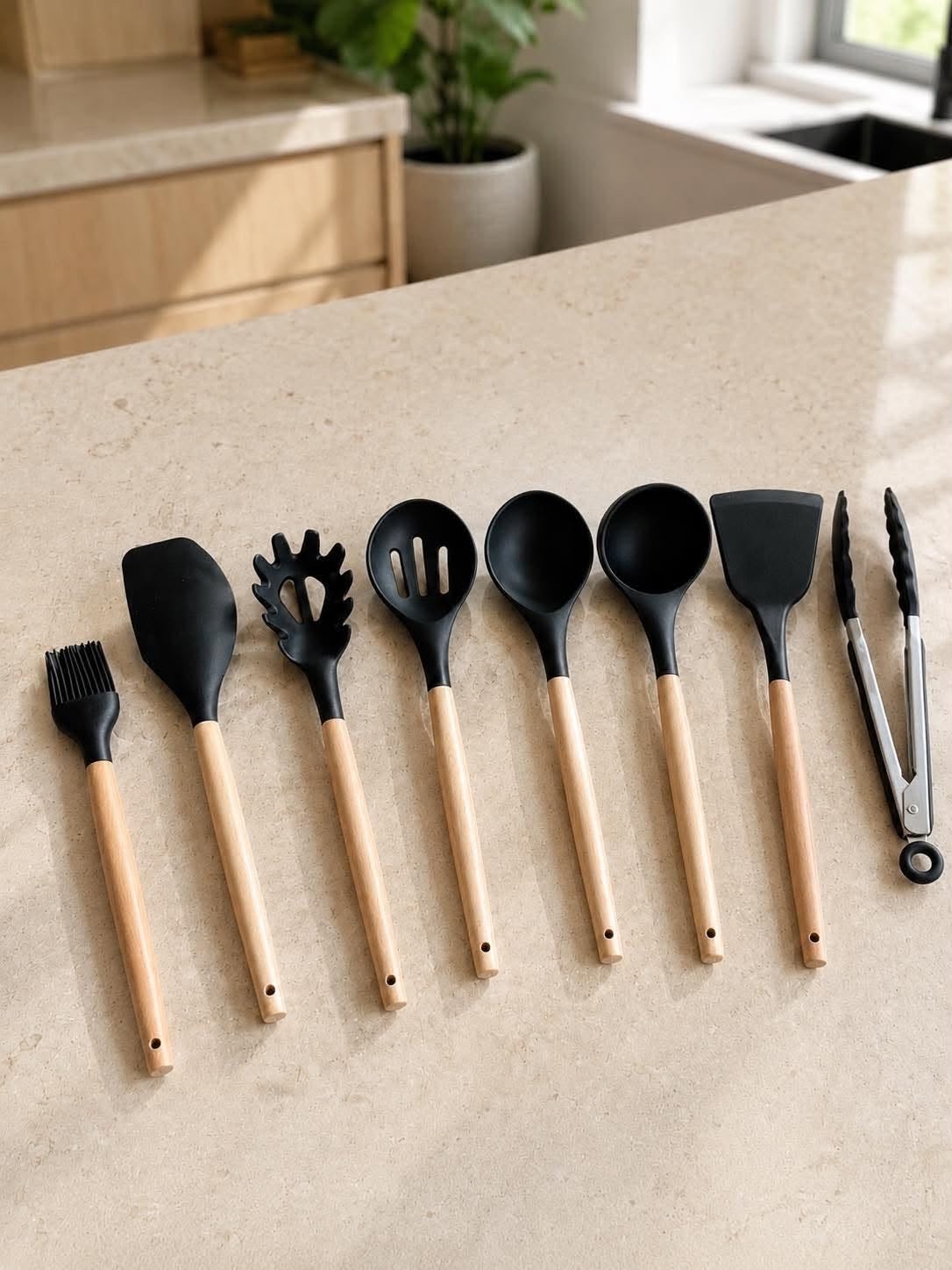Ustensiles de cuisine en silicone et bois - 8 pièces