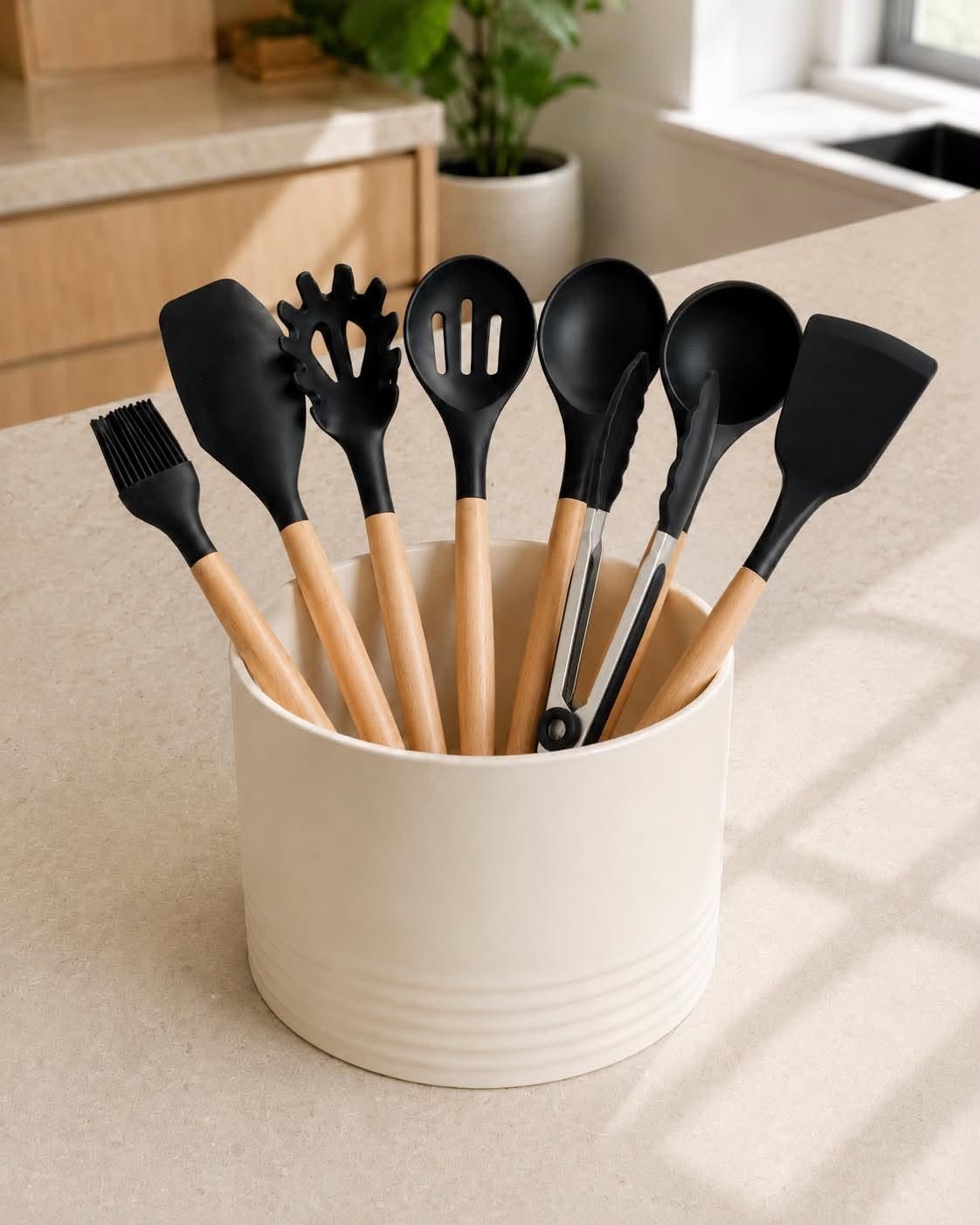 Ustensiles de cuisine en silicone et bois - 8 pièces