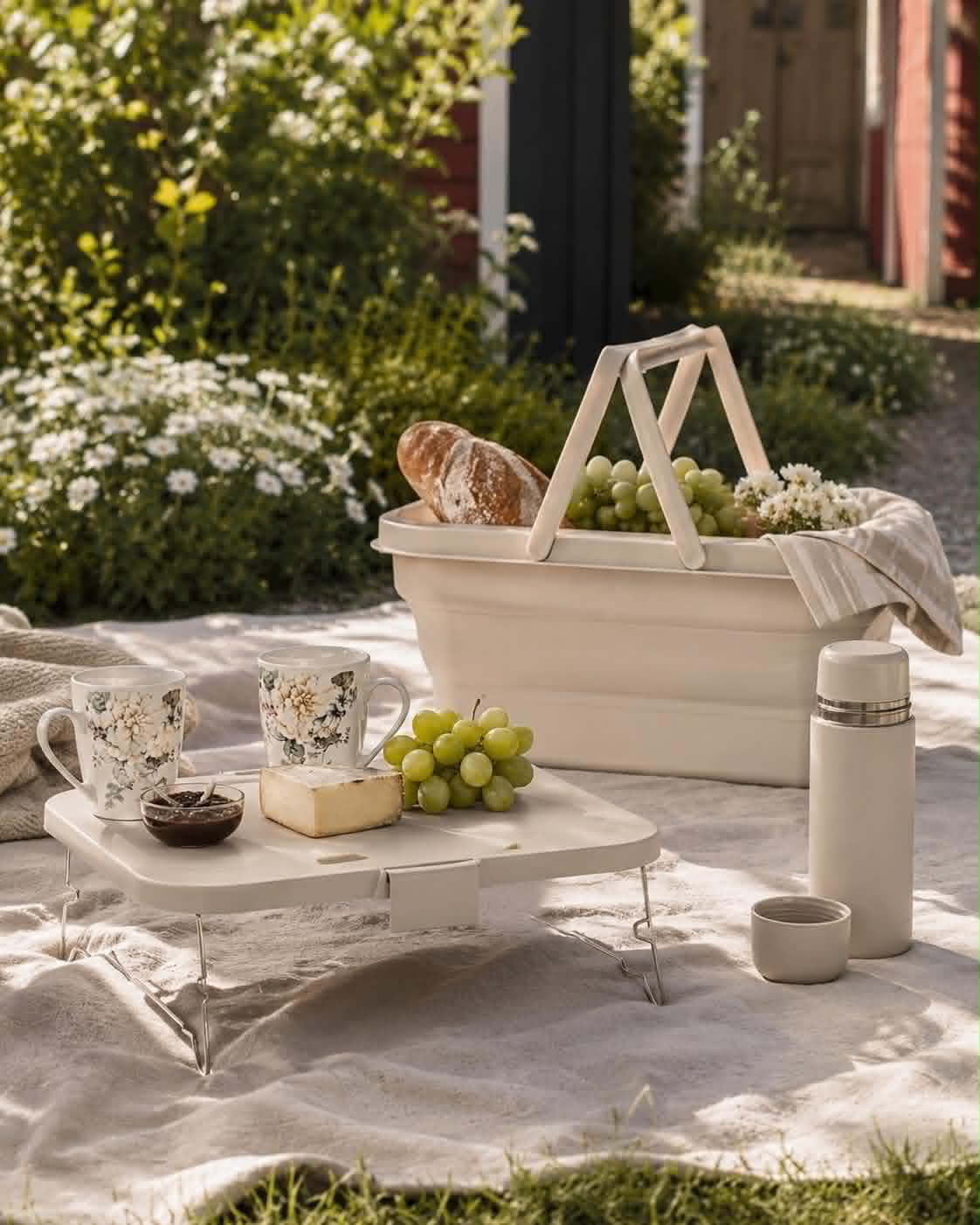 Panier pique-nique pliable avec couvercle beige