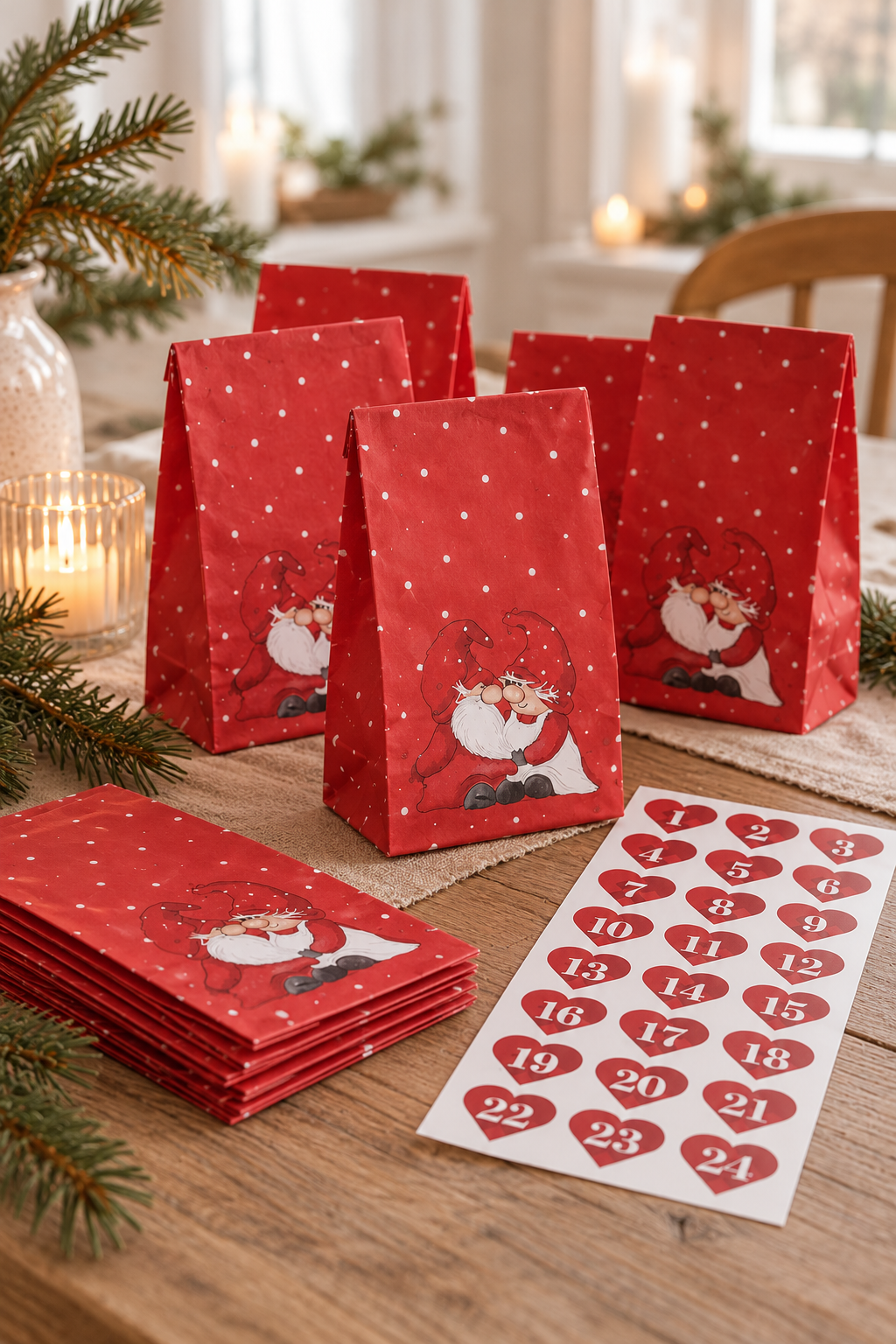 Pochettes calendrier – rouges avec autocollants