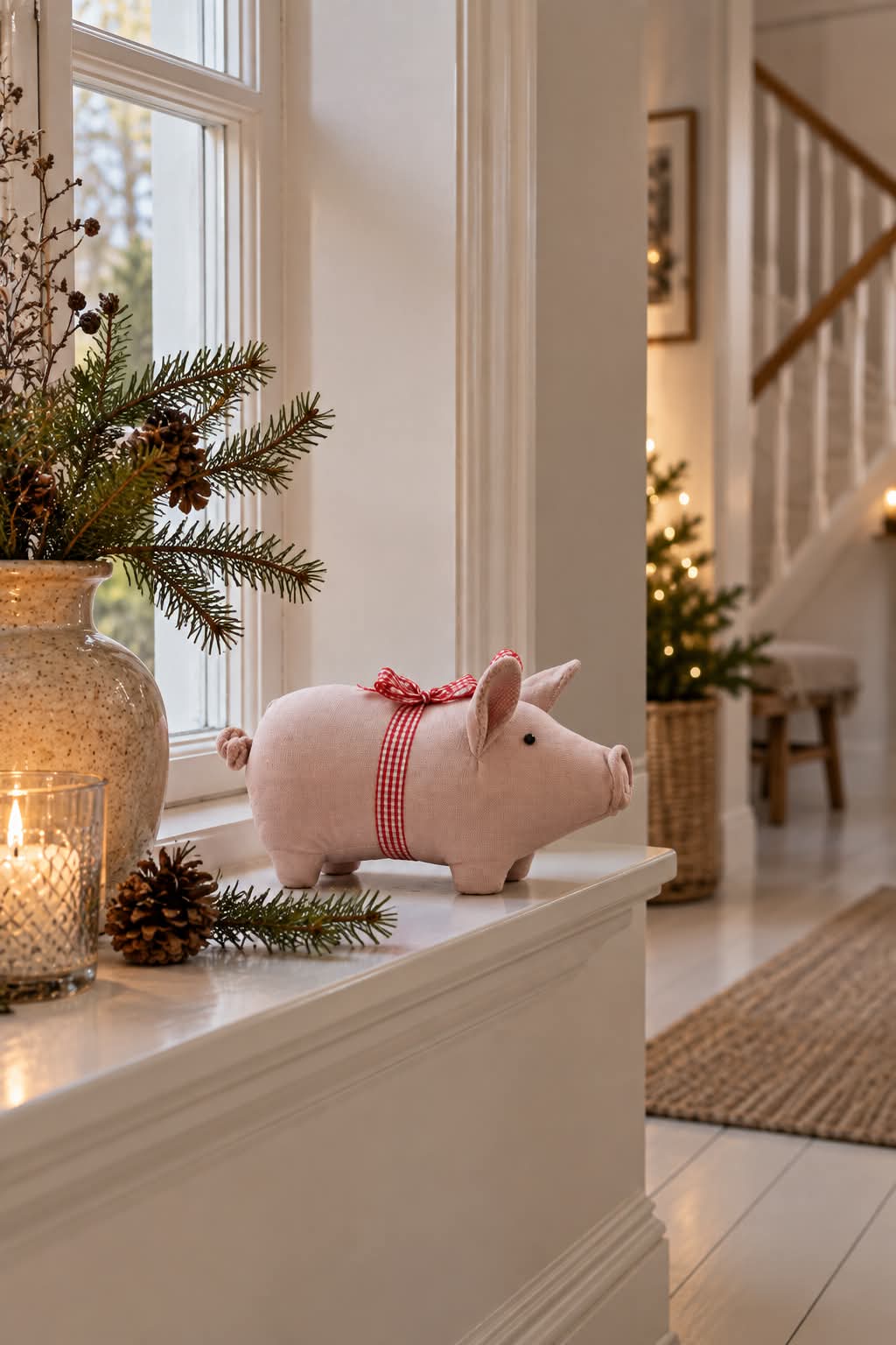 Cochon de Noël avec nœud - Rose